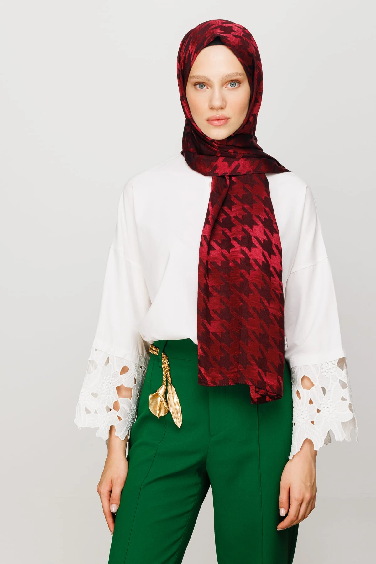 Toptan Kazayağı Desen Parlak Jakar Şal - Bordo