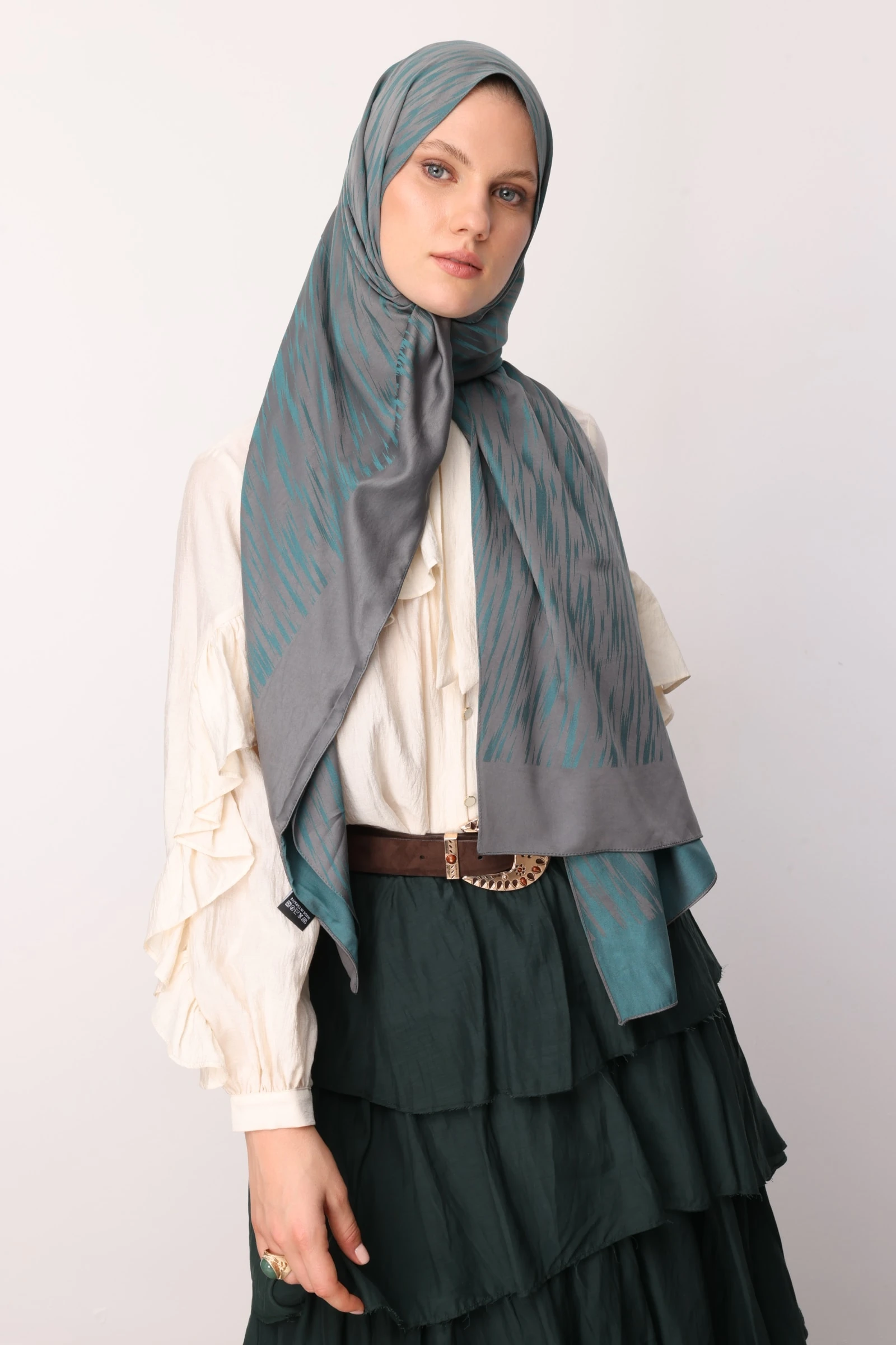 Toptan Selis Desen Çift Taraflı Şal - Koyu Gri-Zümrüt