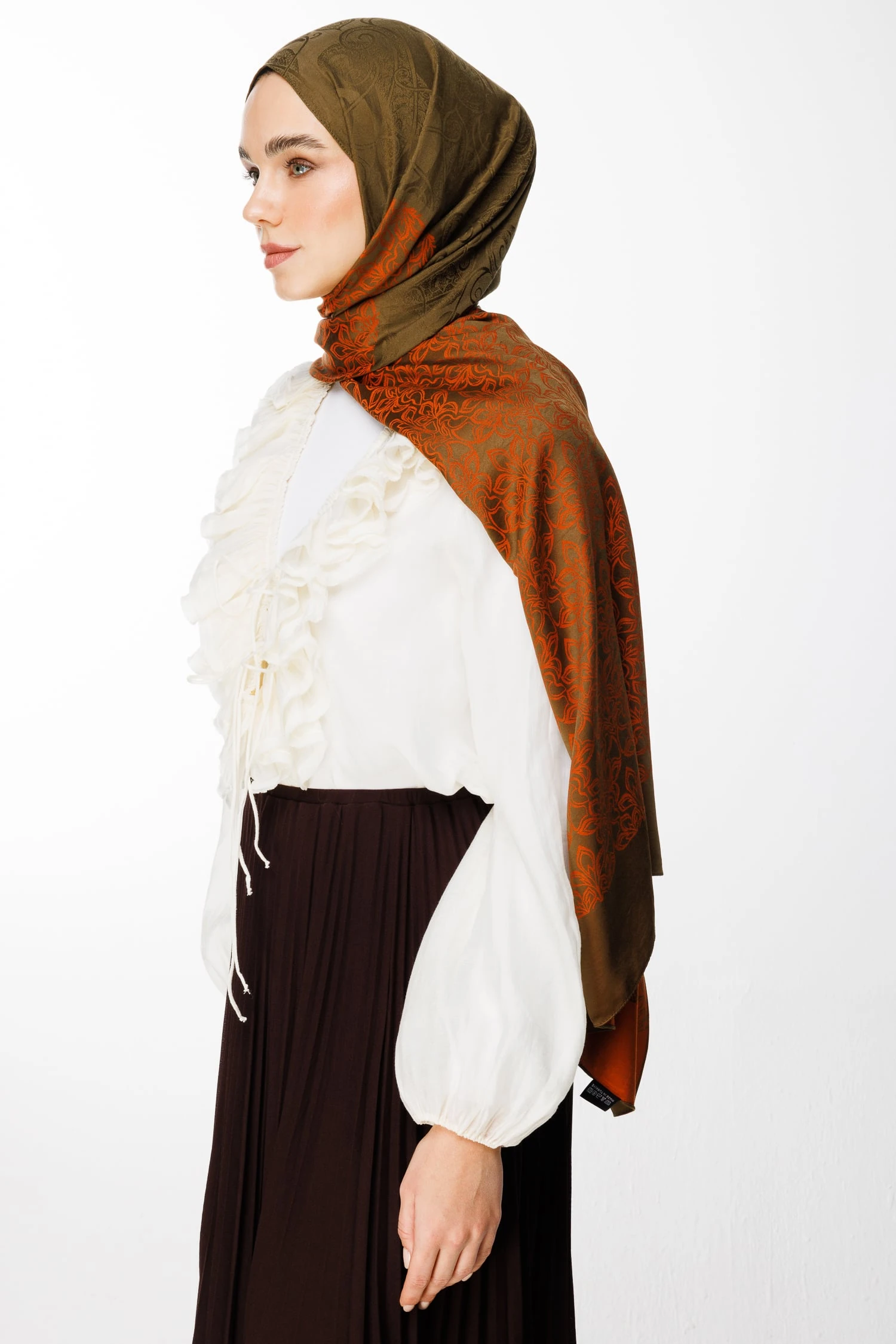 Toptan Nora Desen Çift Taraflı Şal - Koyu Haki-Tarçın