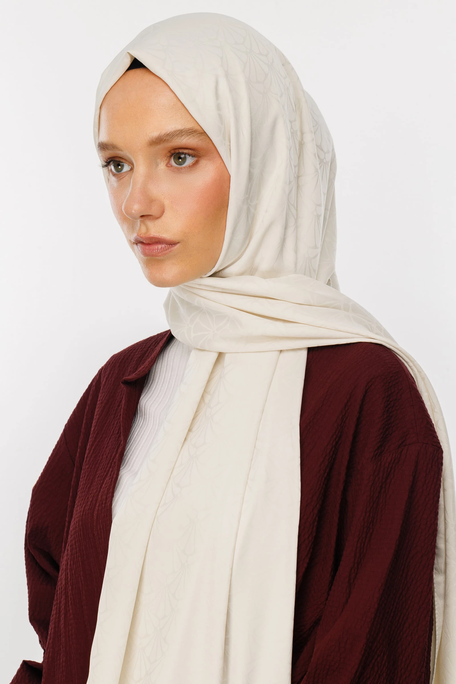 Toptan Lotus Desen İpeksi Jakar Şal - İnci