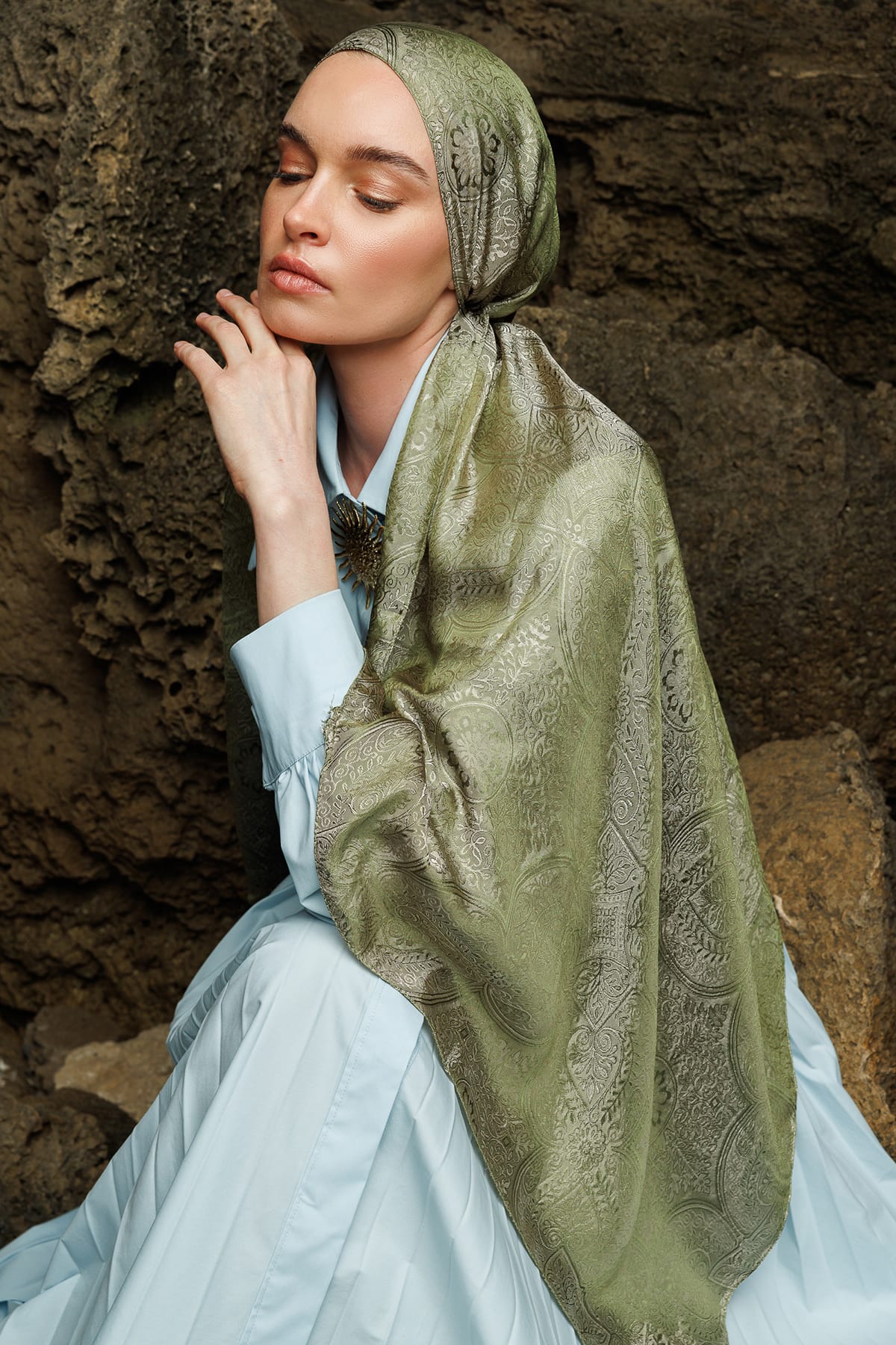 Shline Line Viscose Shawl - Khaki-Salmon