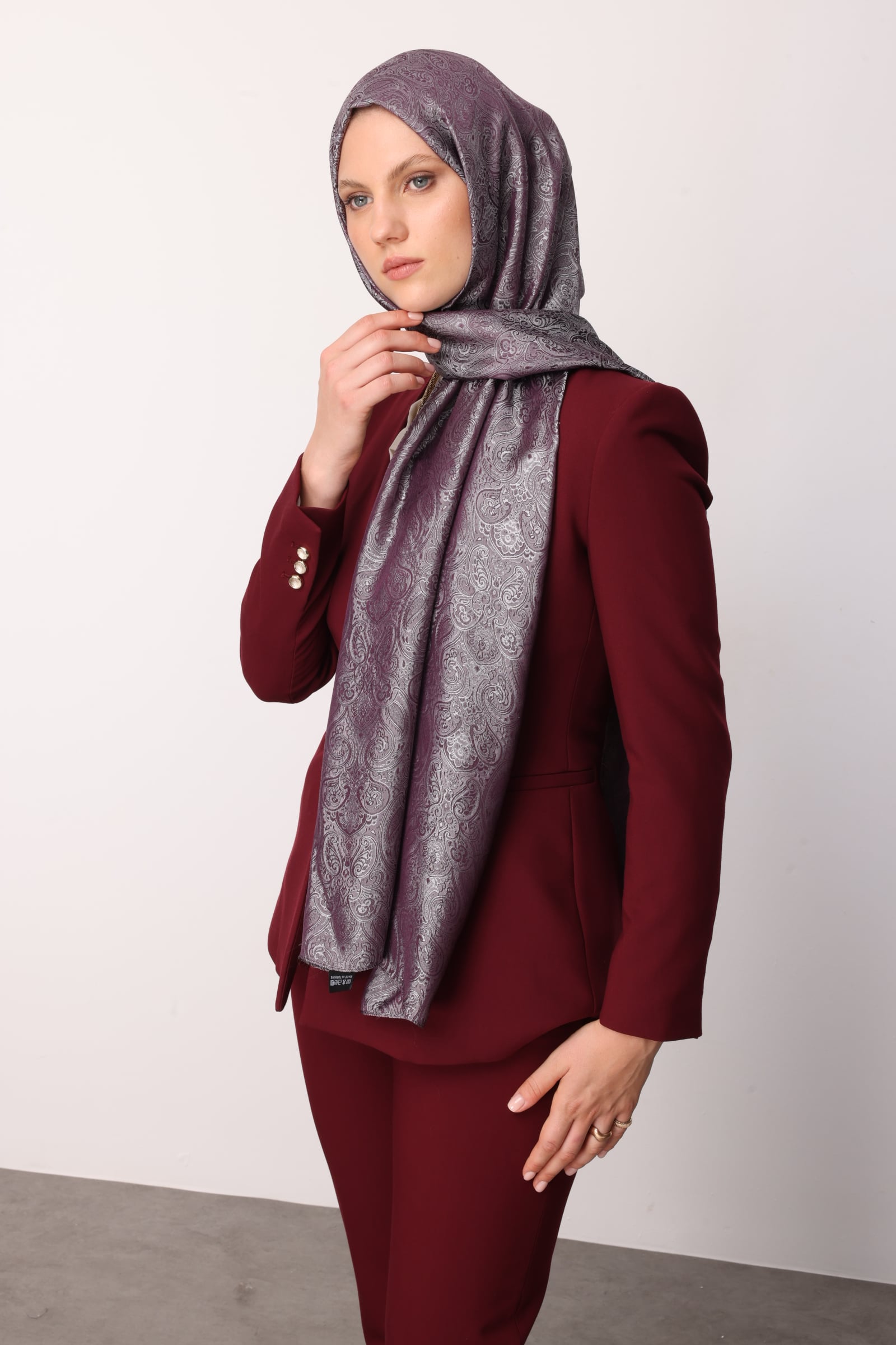 Toptan Moren Desen Shine Line Şal - Mor-Gri