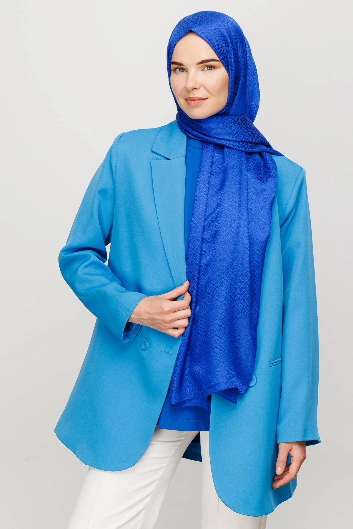 Toptan Forever Desen Parlak Jakar Şal - Saks Mavi