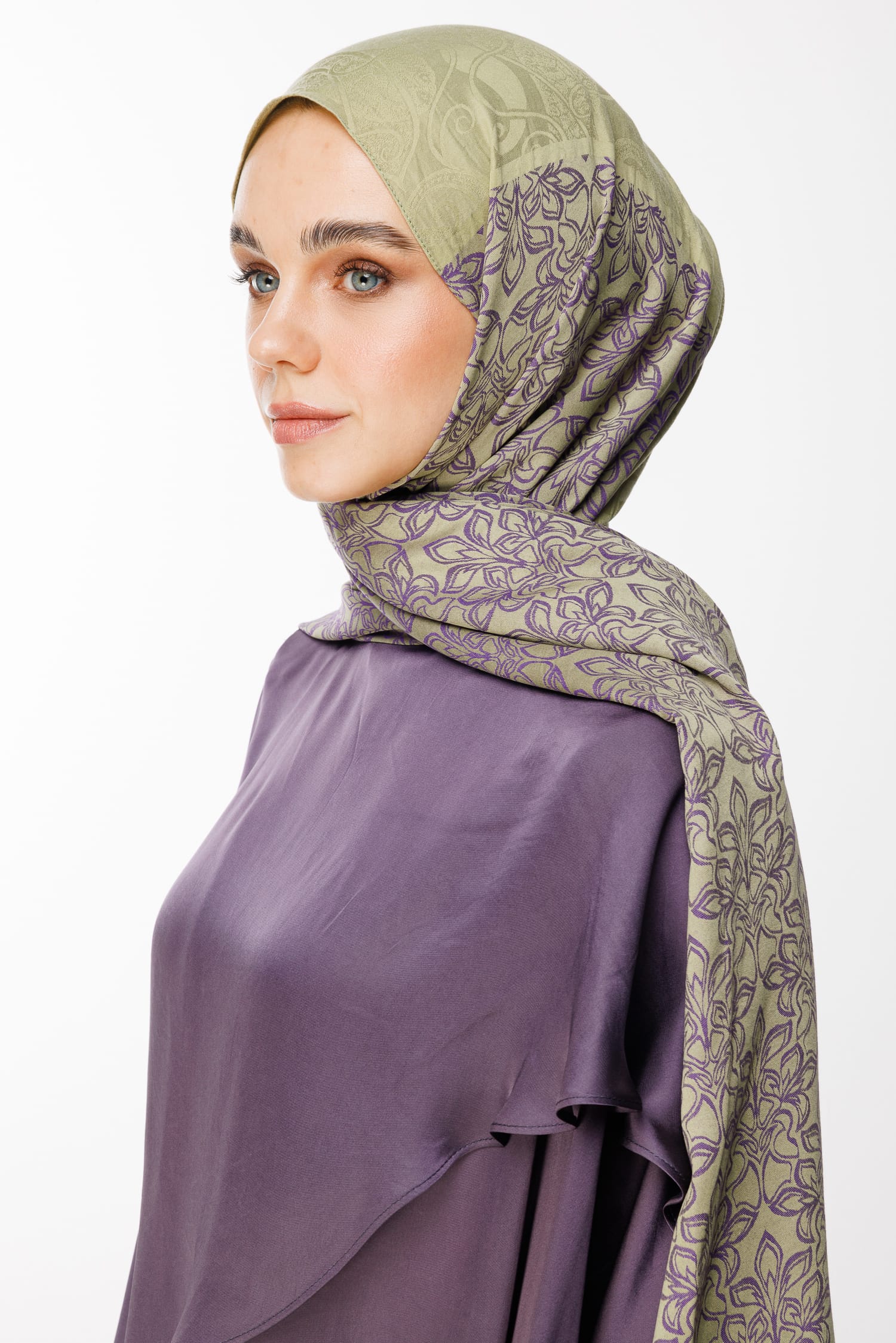 Toptan Nora Desen Çift Taraflı Şal - Zeytin-Mor