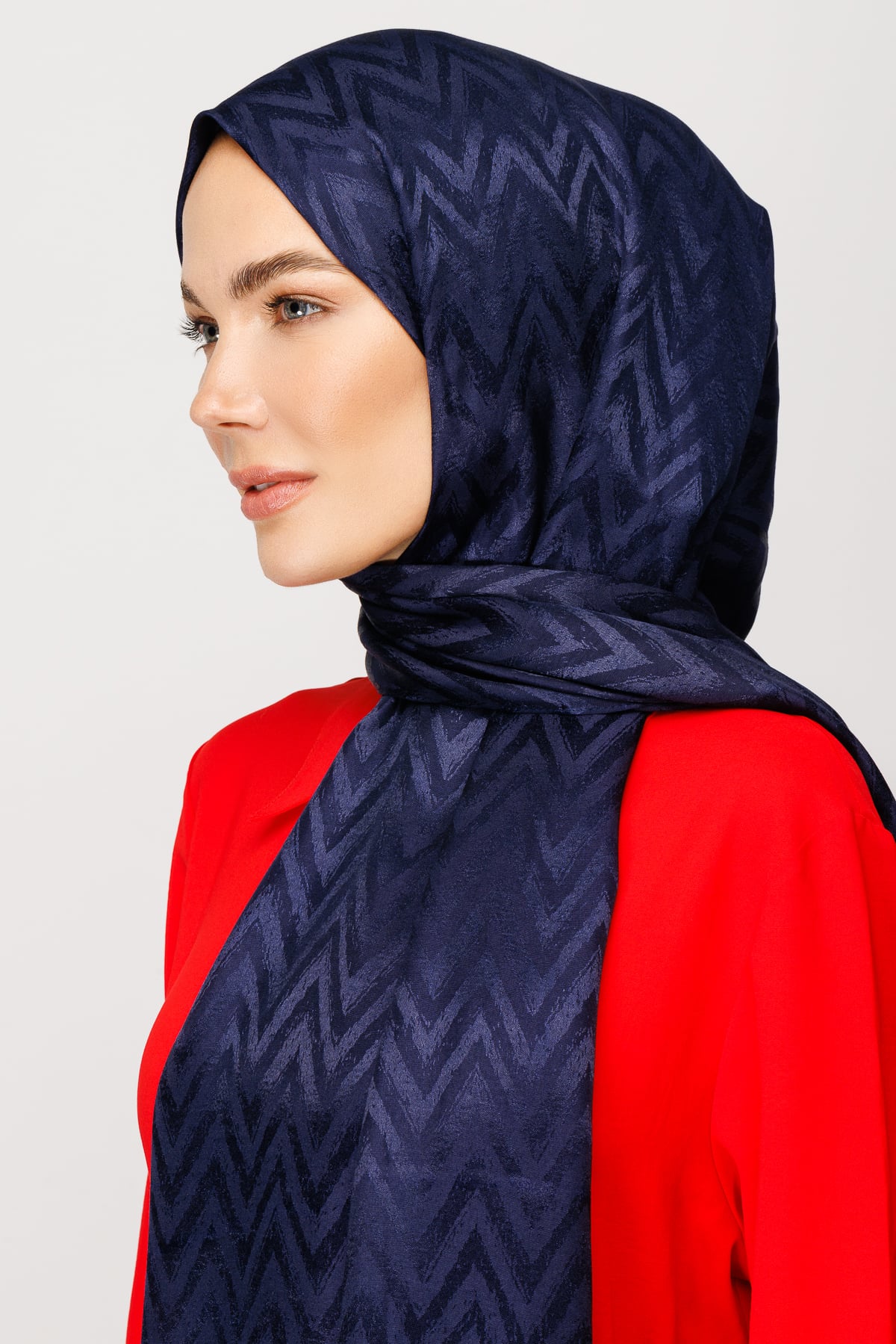 Zigzag Pattern Shiny Jacquard Shawl - Navy Blue