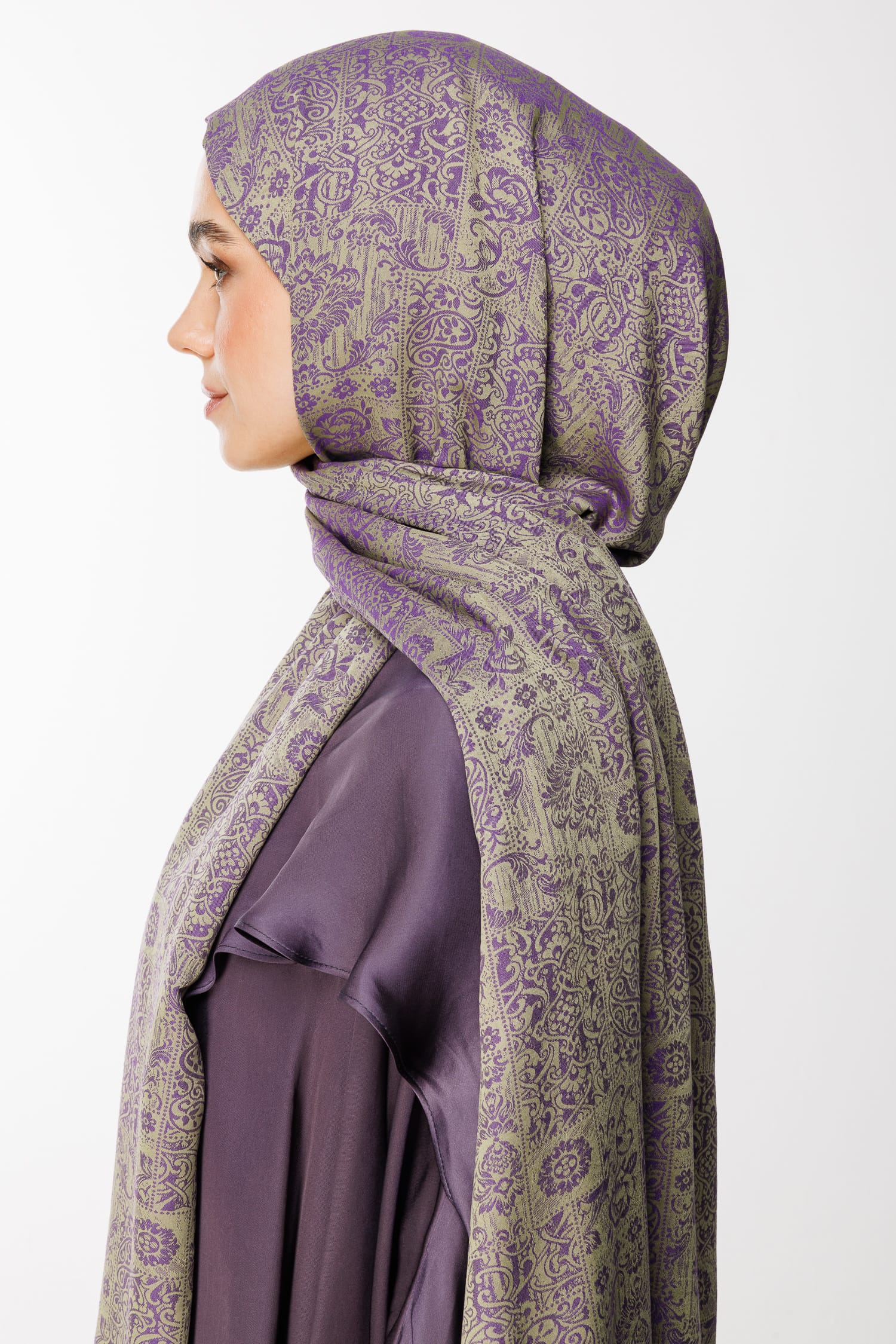 Toptan Henna Desen Çift Taraflı Şal - Zeytin-Mor