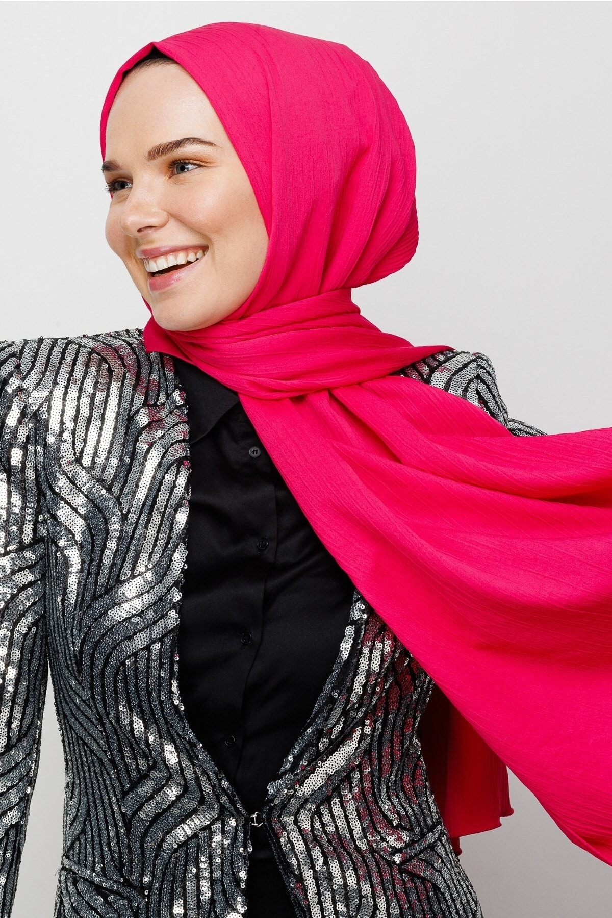 Toptan Krinkıl Medine İpeği Şal - Fuşya