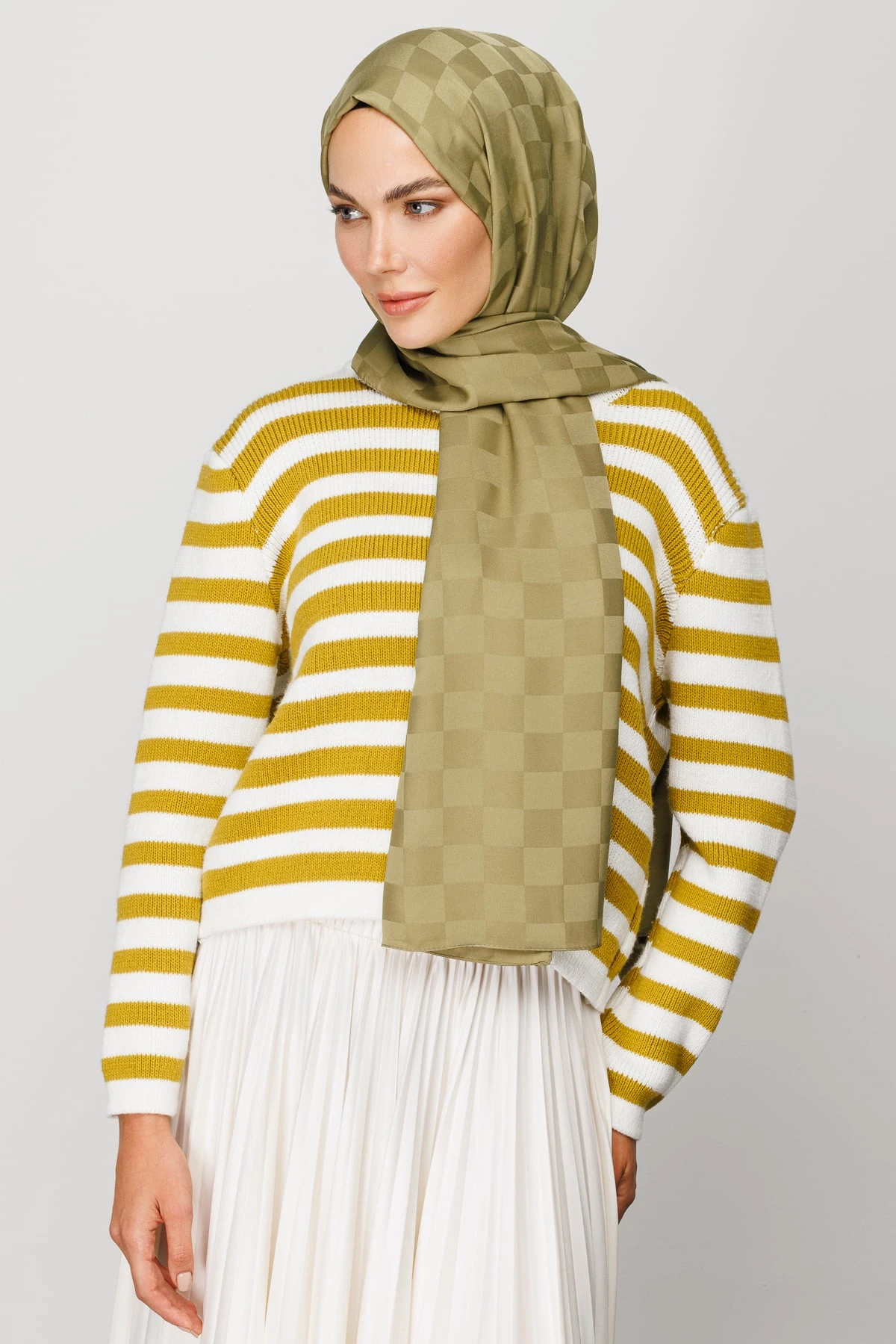 Toptan Dama Desen İpeksi Jakar Şal - Soft Yeşil