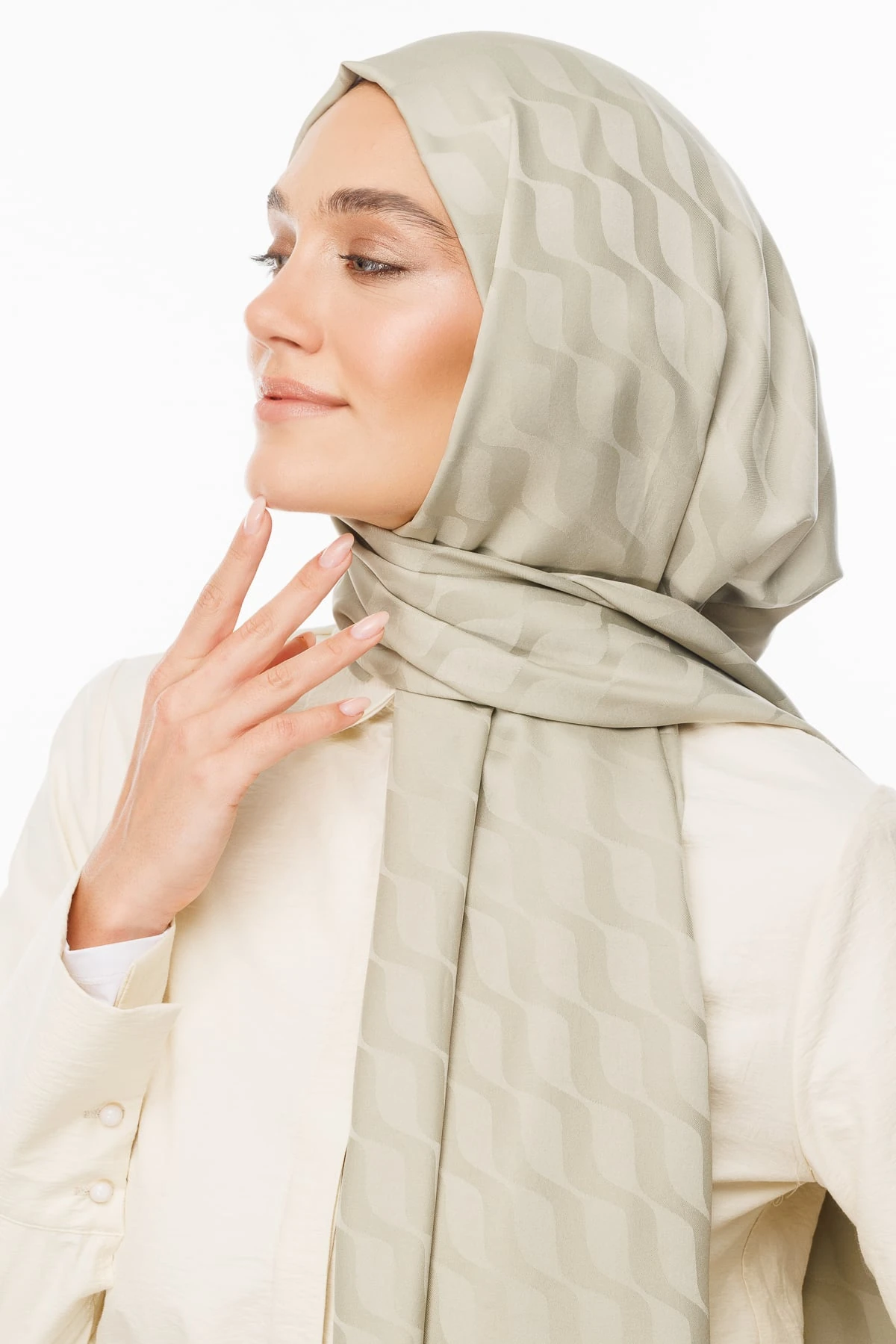 Wave-Pattern Silky Jacquard Shawl - Sage
