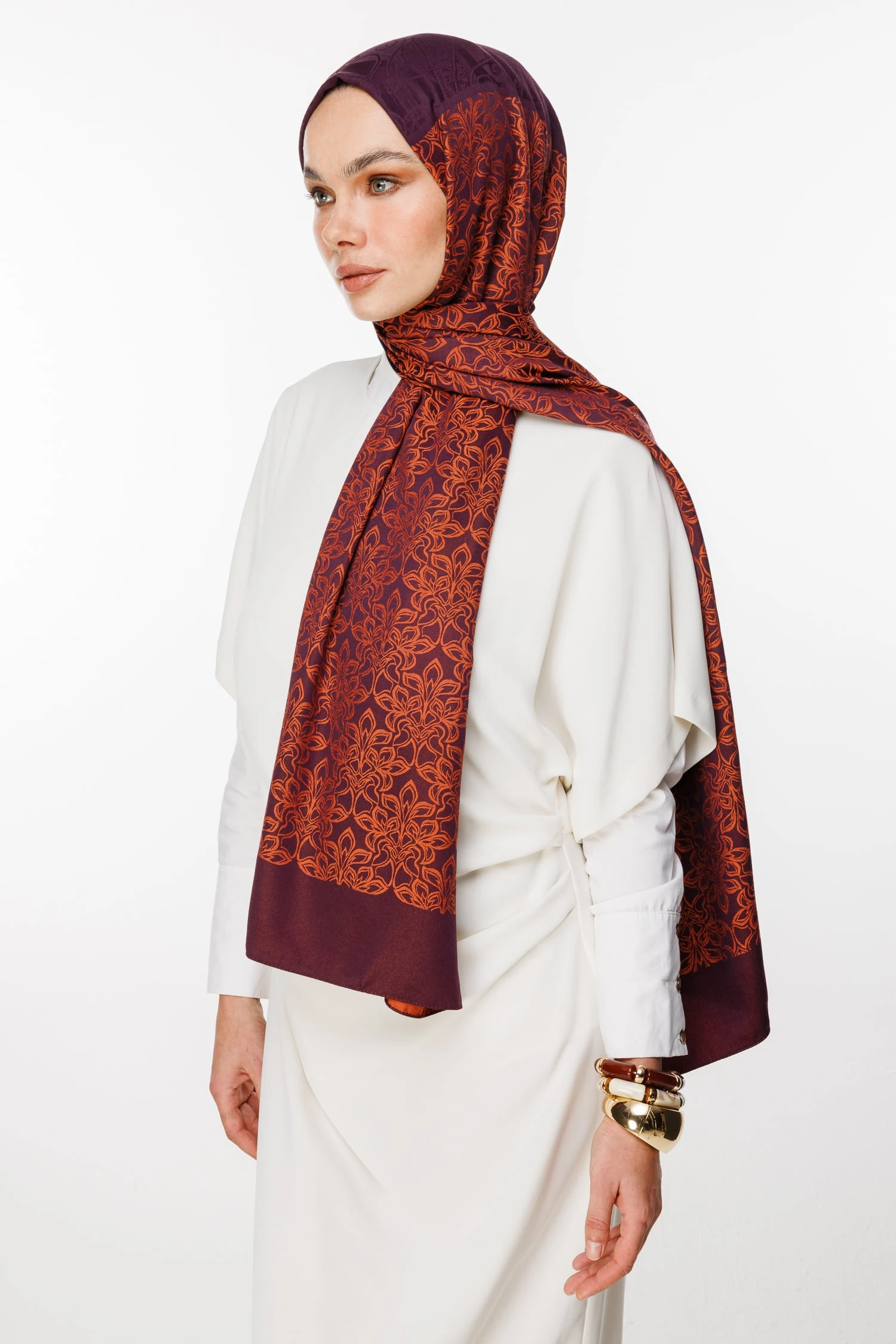 Toptan Nora Desen Çift Taraflı Şal - Mor-Turuncu