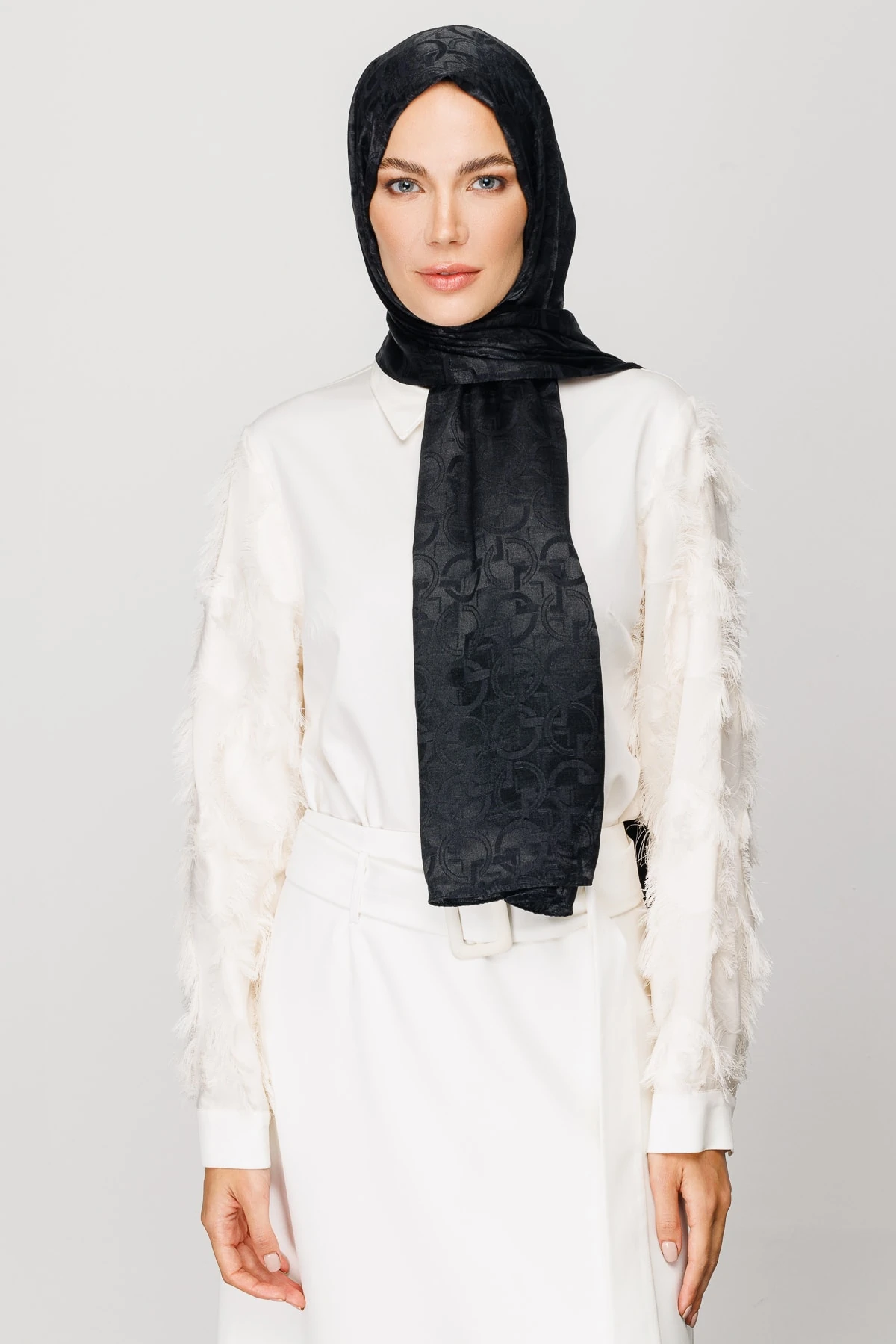 Toptan Longar Desen Parlak Jakar Şal - Siyah