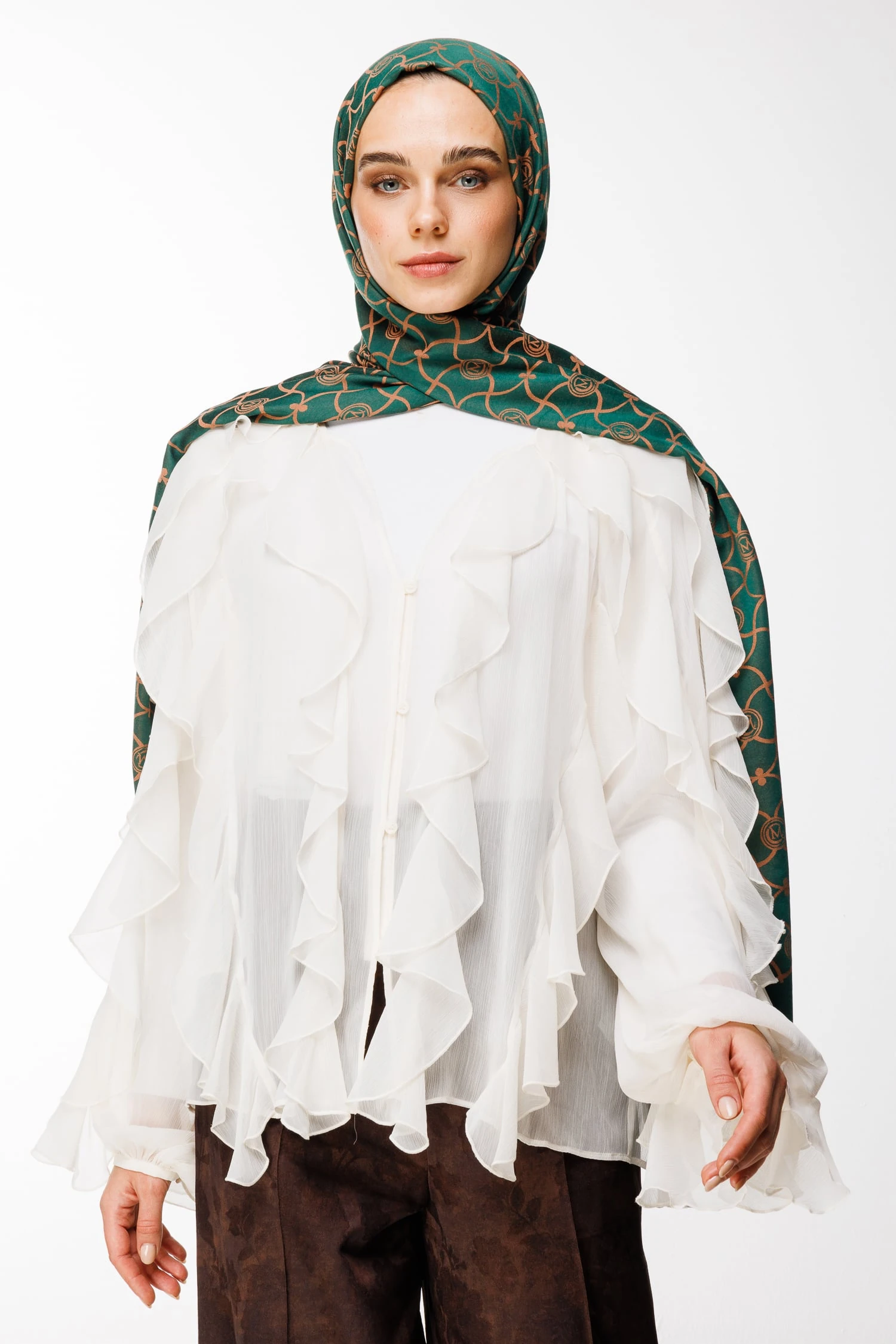 Toptan Marrakech Desen Çift Taraflı Şal - Zümrüt-Kayısı