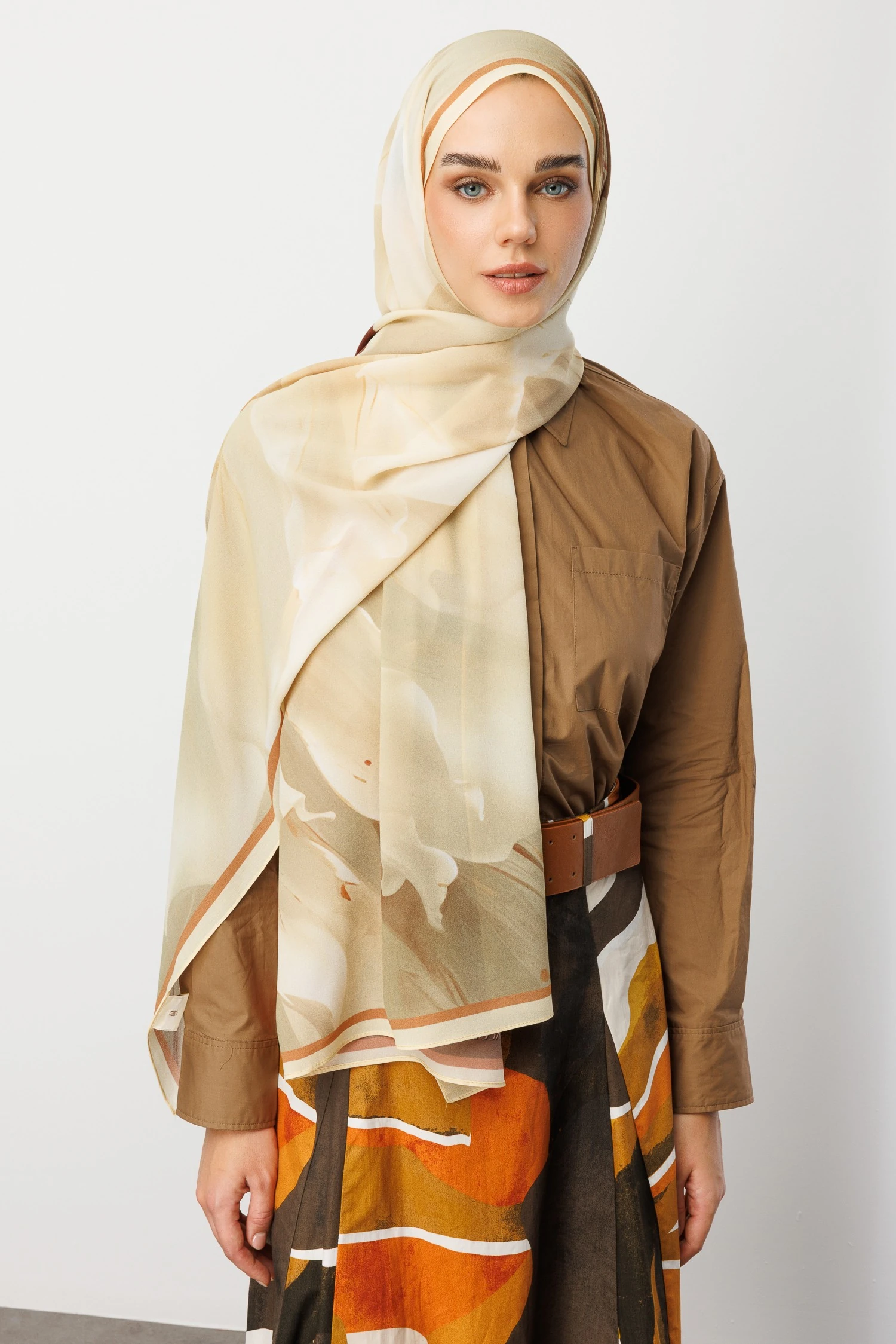 Toptan Pure Desen Hebei İpek Şal - Krem