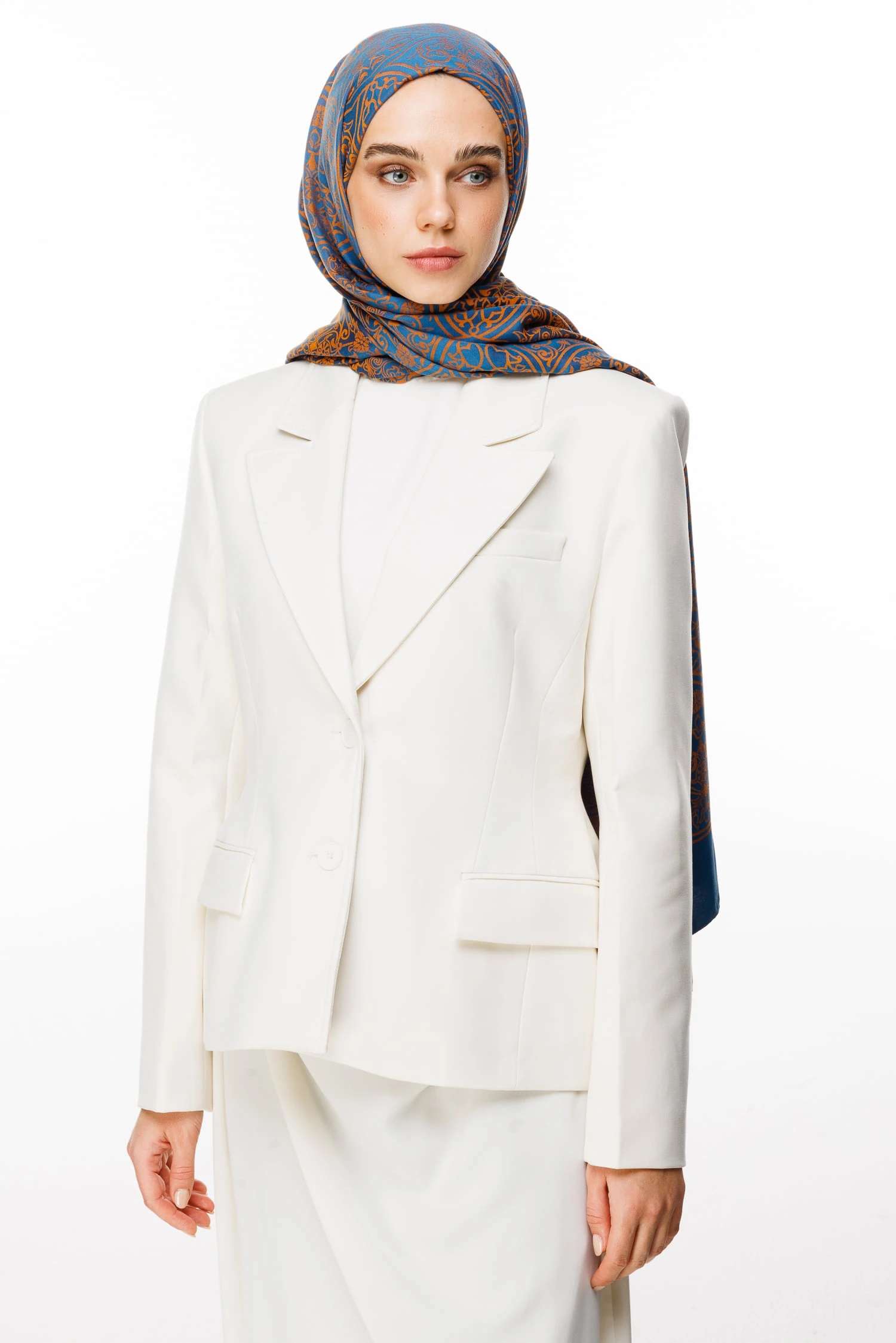 Toptan Morocco Desen Çift Taraflı Şal - Petrol Mavisi-Turuncu