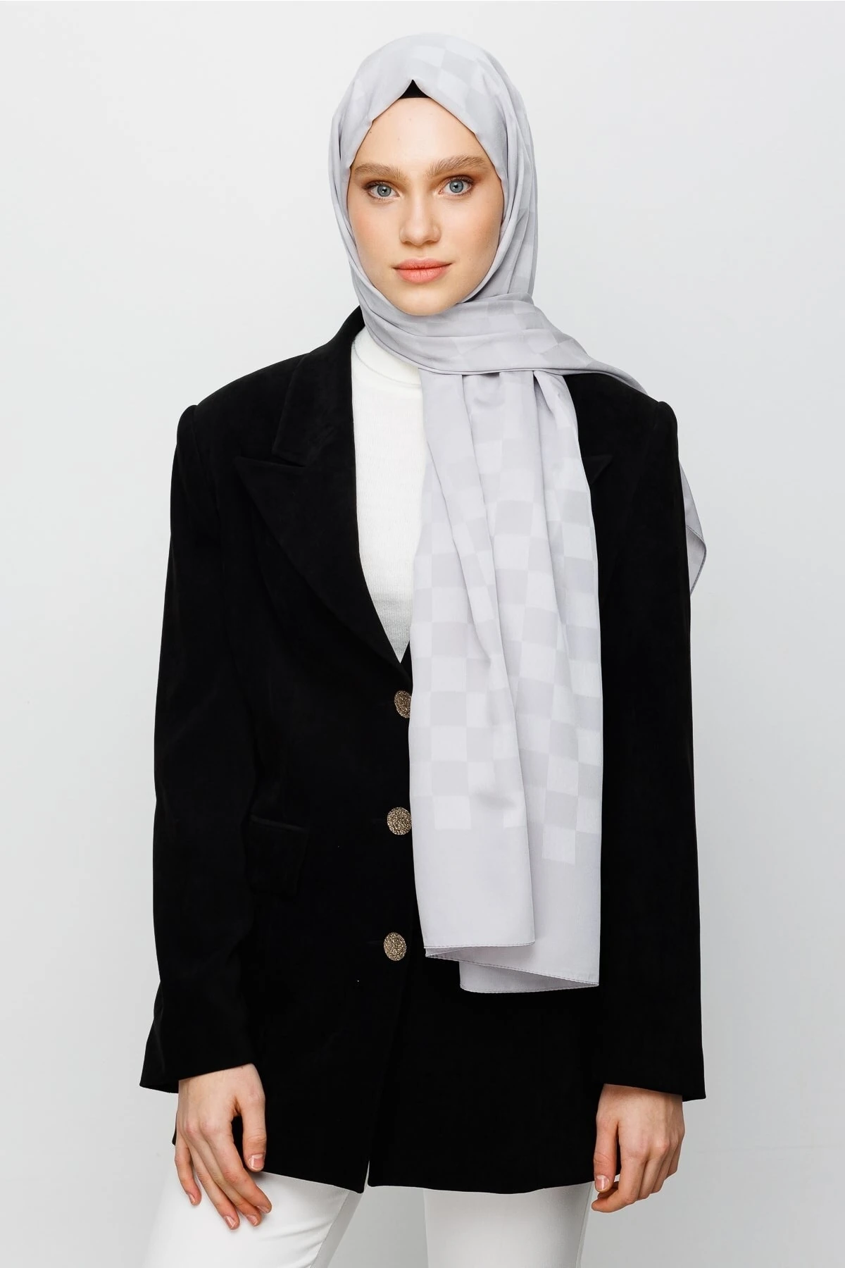 Toptan Dama Desen İpeksi Jakar Şal - Gümüş