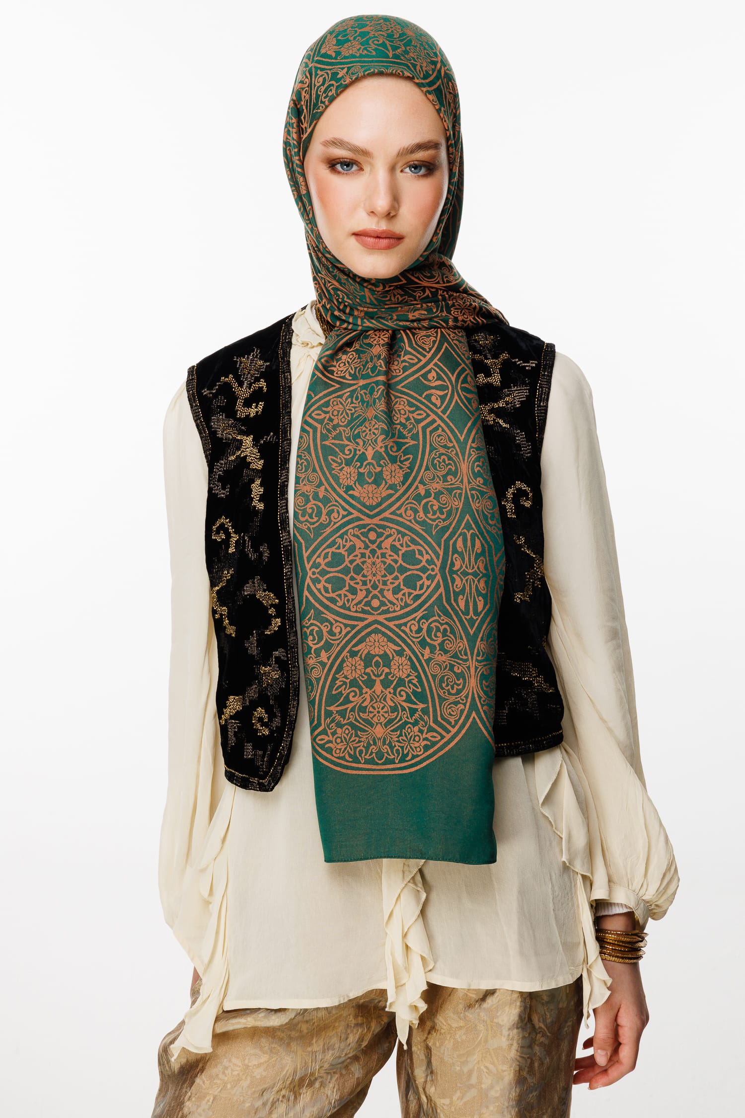 Morocco Pattern Double-Sided Shawl - Emerald-Apricot