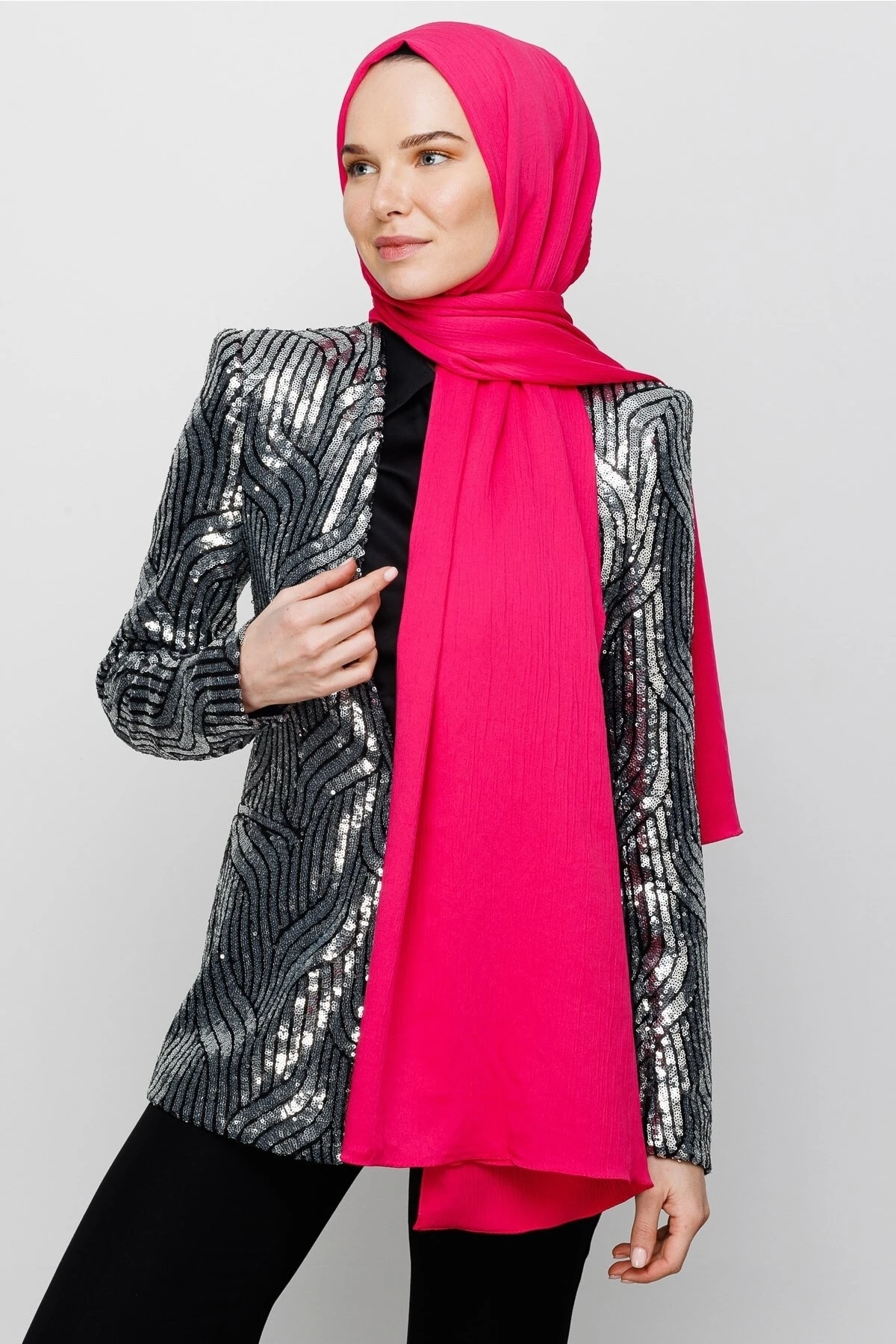 Toptan Krinkıl Medine İpeği Şal - Fuşya