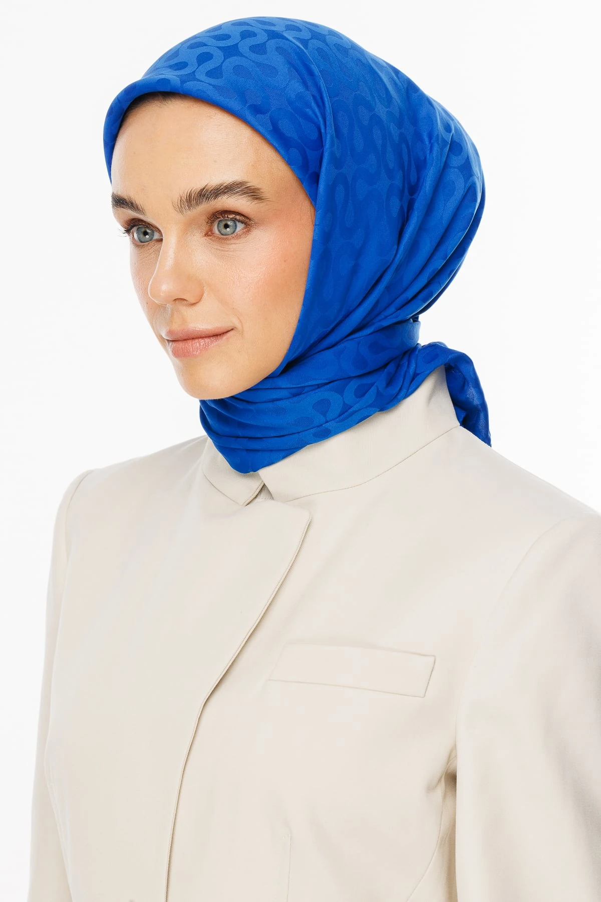 Toptan Moon Desen İpeksi Jakar Eşarp - Saks Mavi