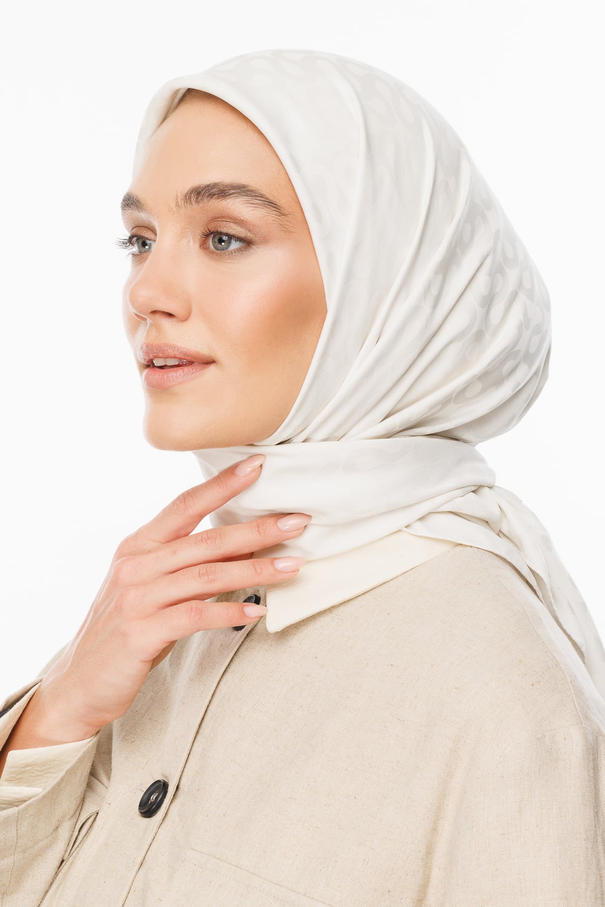 Toptan Moon Desen İpeksi Jakar Eşarp - İnci