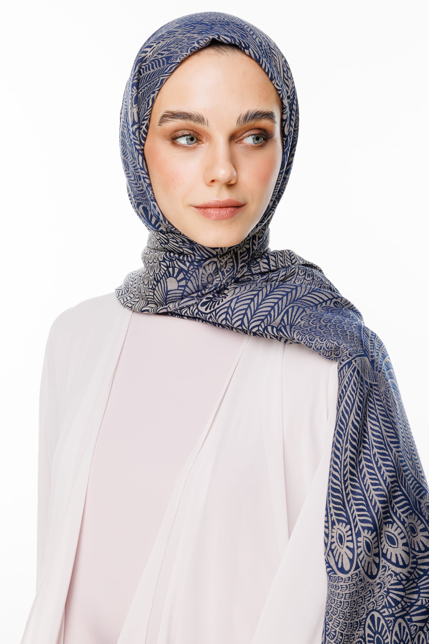 Toptan Mayra Desen Çift Taraflı Şal - Lacivert-Bej