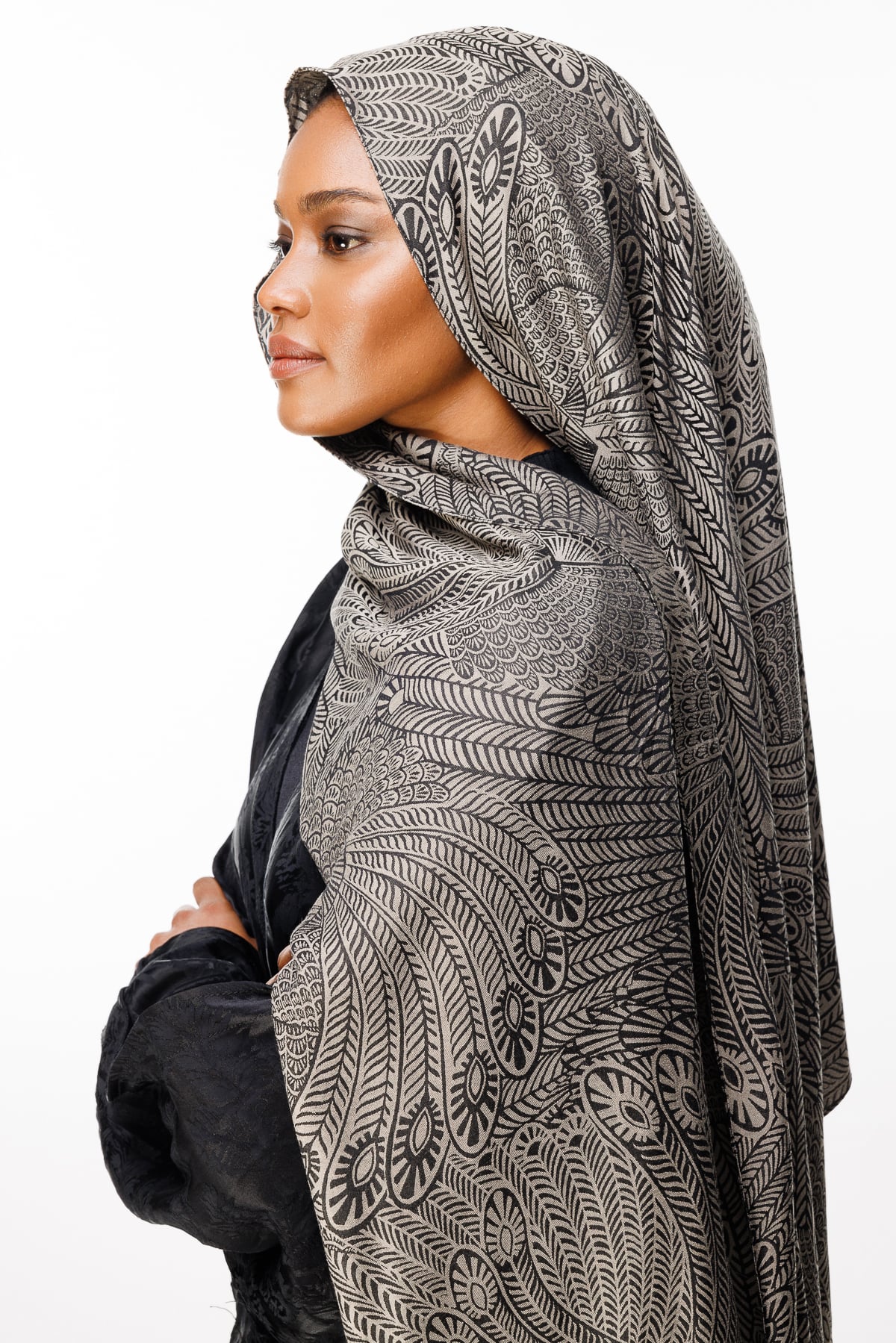 Toptan Mayra Desen Çift Taraflı Şal - Siyah-Bej