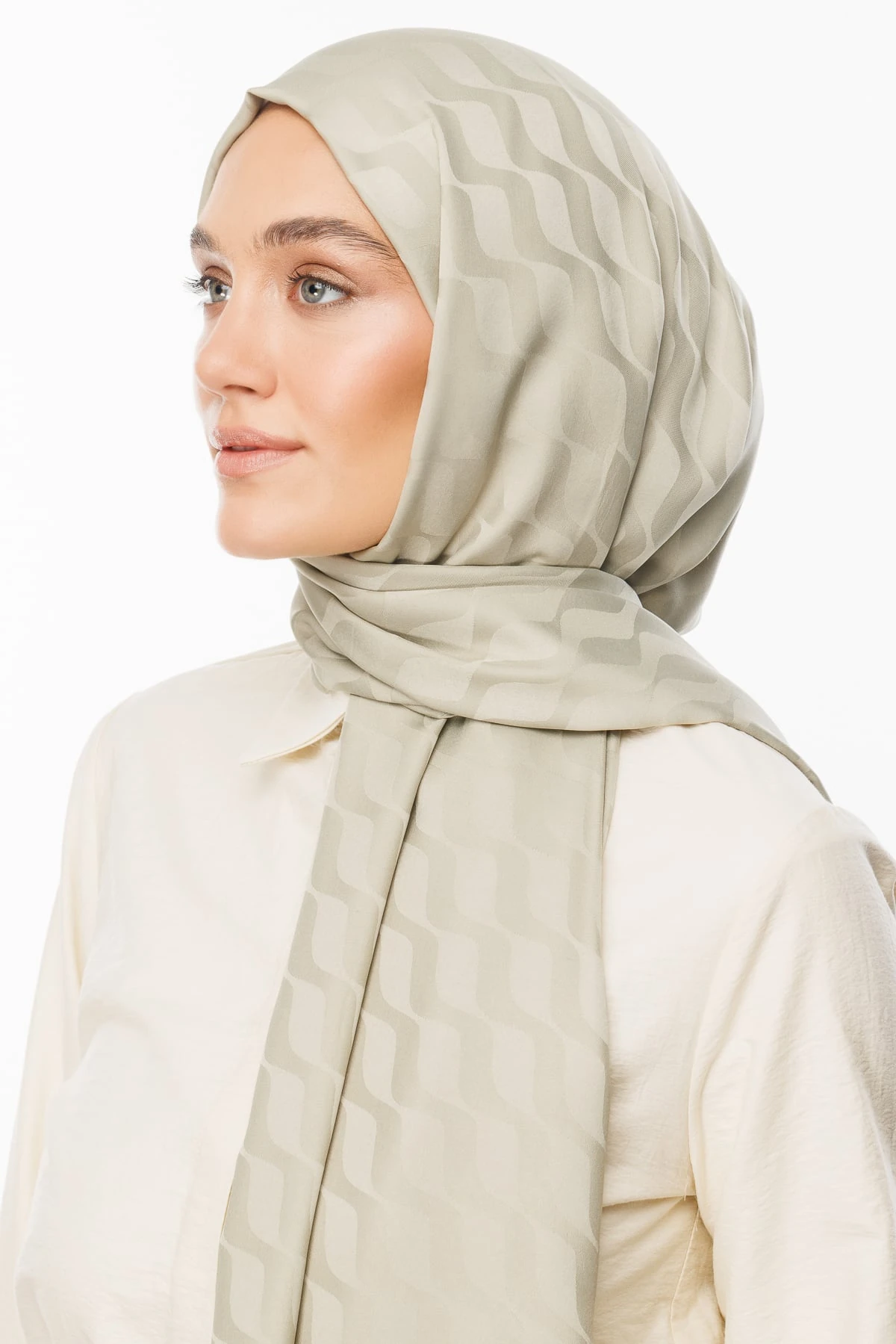 Wave-Pattern Silky Jacquard Shawl - Sage