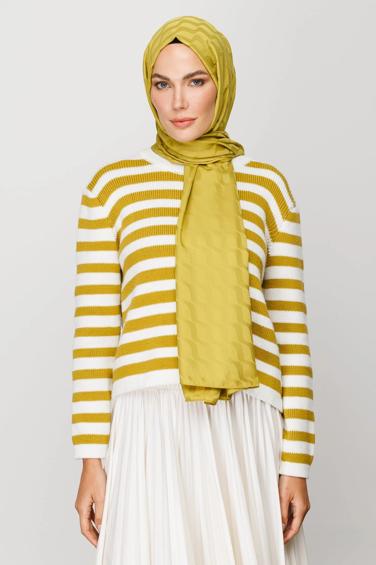 Toptan Dalga Desen İpeksi Jakar Şal - Oliv Yeşili