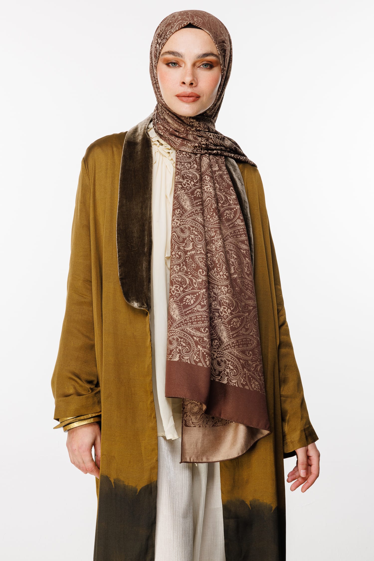 Toptan Velora Desen Çift Taraflı Şal - Acı Kahve-Bej