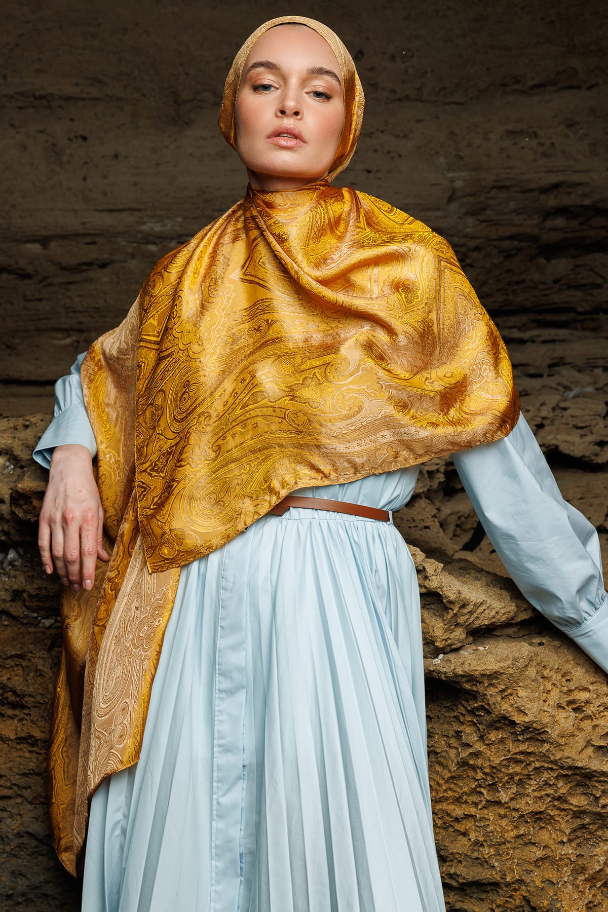 Liva Pattern Shine Line Shawl - Mink-Mustard