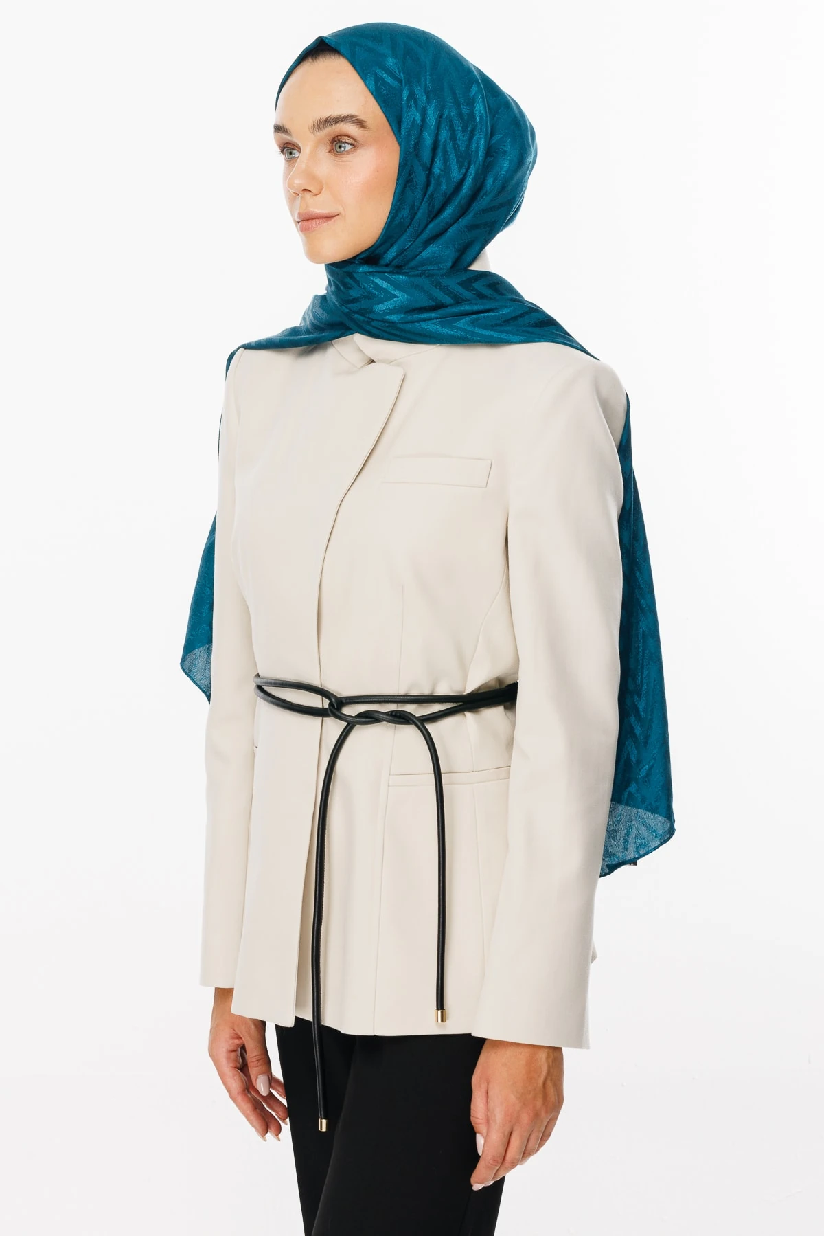 Zigzag Pattern Shiny Jacquard Shawl - Petrol Blue