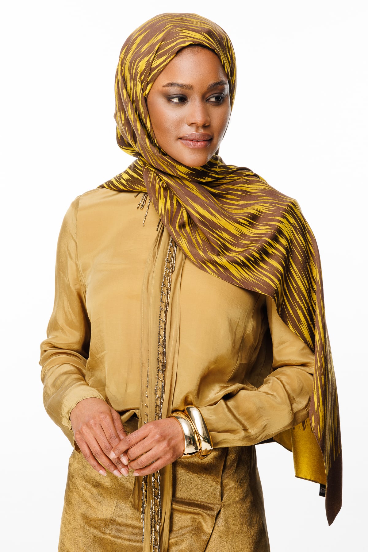 Toptan Selis Desen Çift Taraflı Şal - Acı Kahve-Hardal