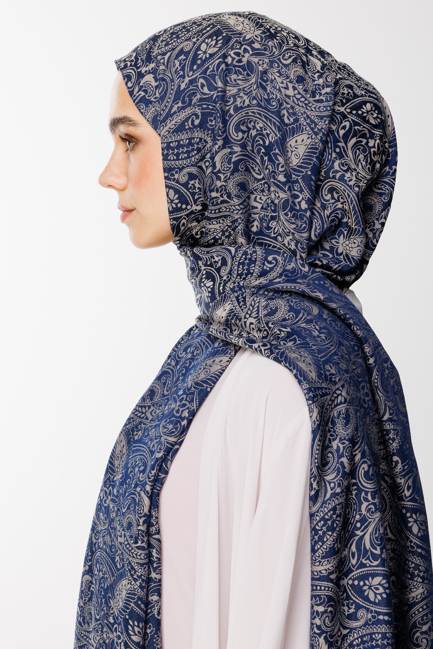 Velora-Pattern Reversible Shawl - Navy Blue-Beige