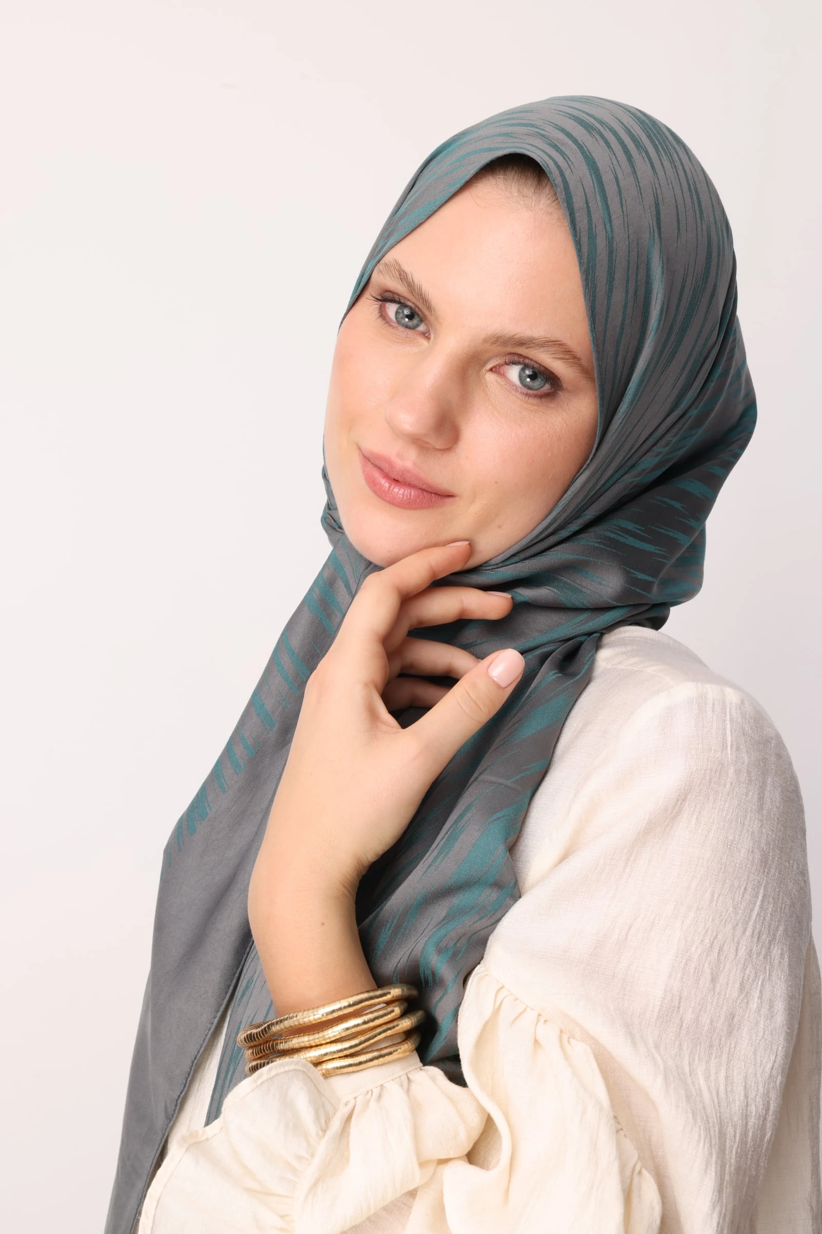 Toptan Selis Desen Çift Taraflı Şal - Koyu Gri-Zümrüt