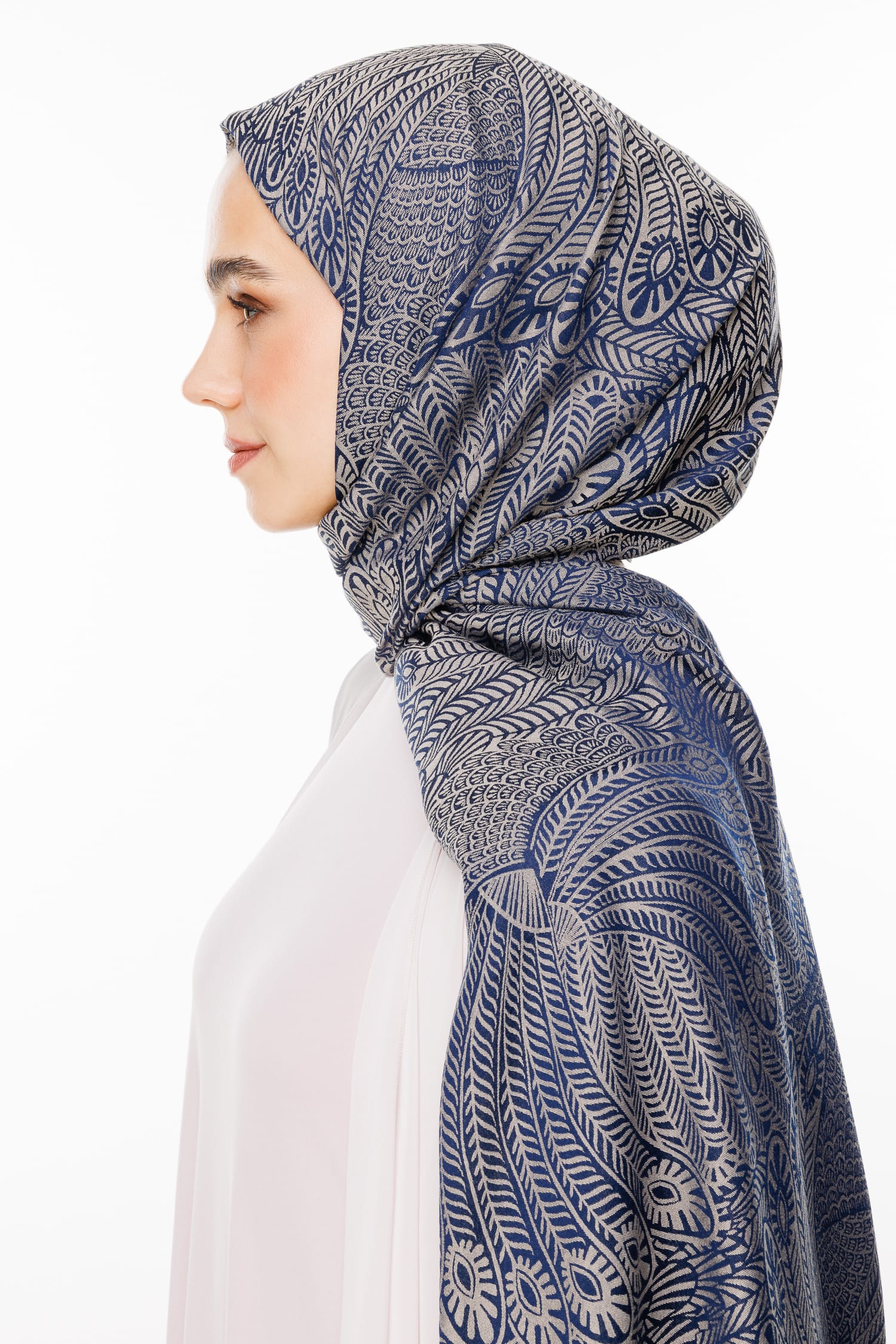 Toptan Mayra Desen Çift Taraflı Şal - Lacivert-Bej