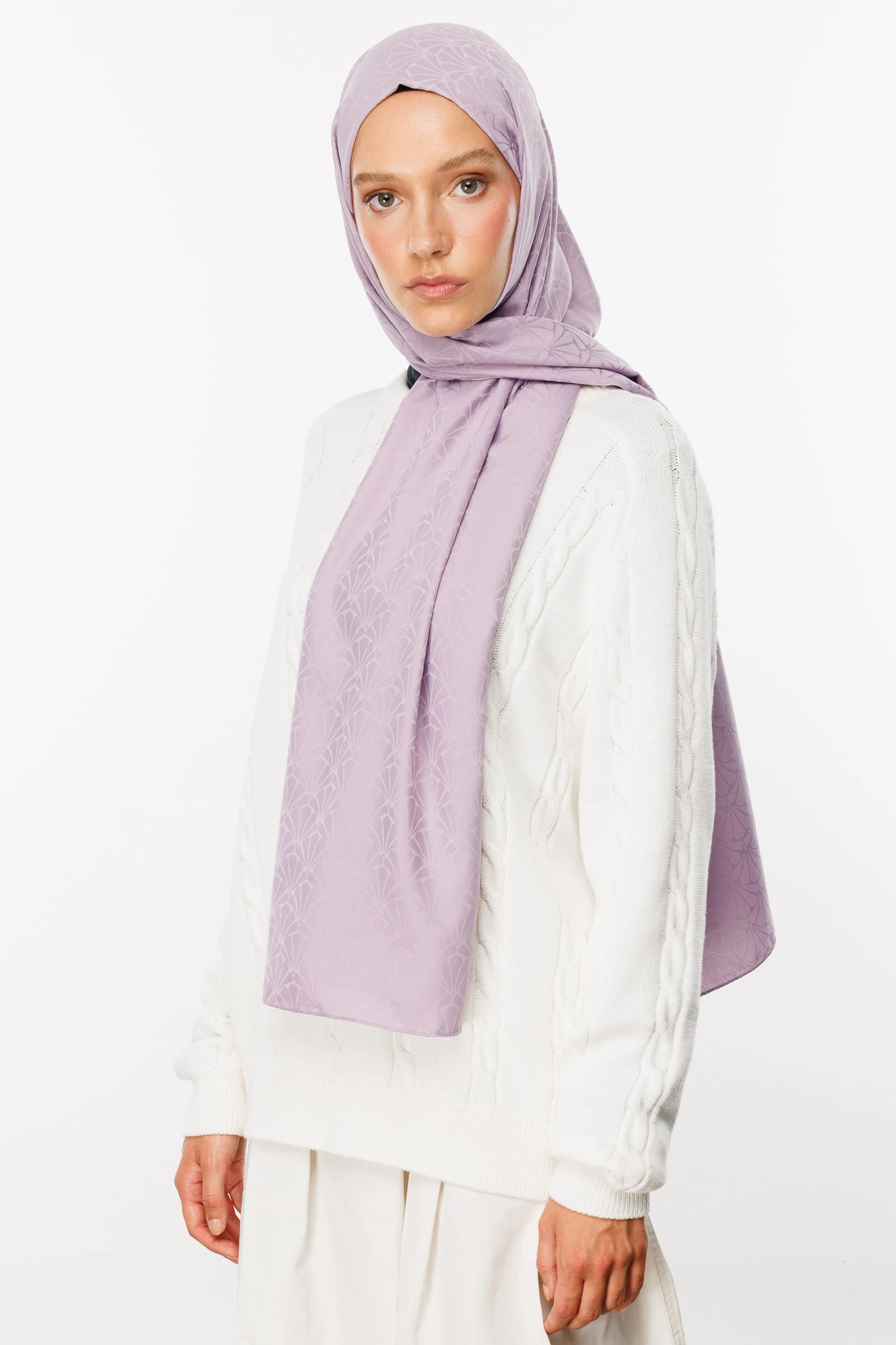 Toptan Lotus Desen İpeksi Jakar Şal - Lila