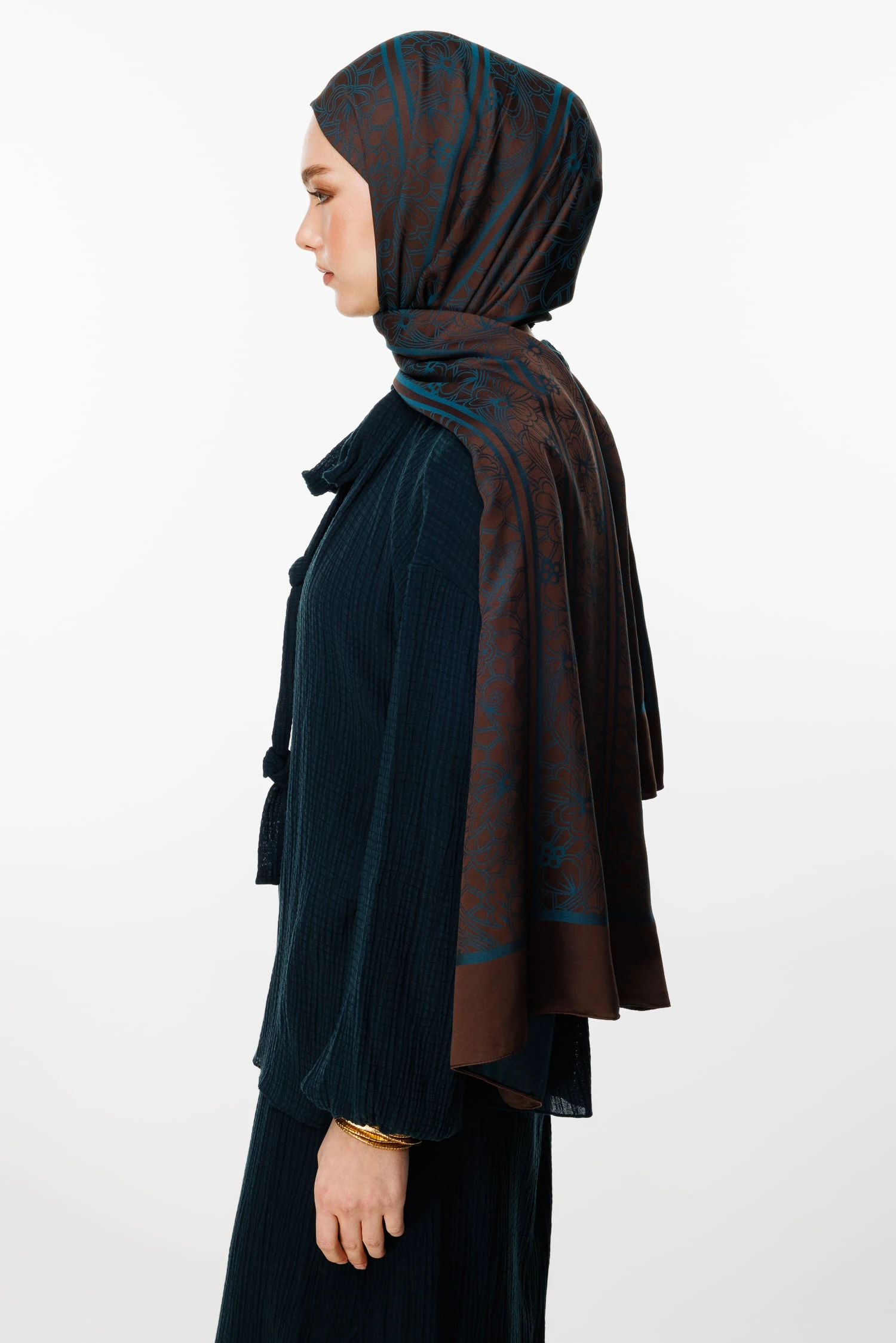 Lavin-Pattern Reversible Shawl - Bitter Brown-Petroleum Blue