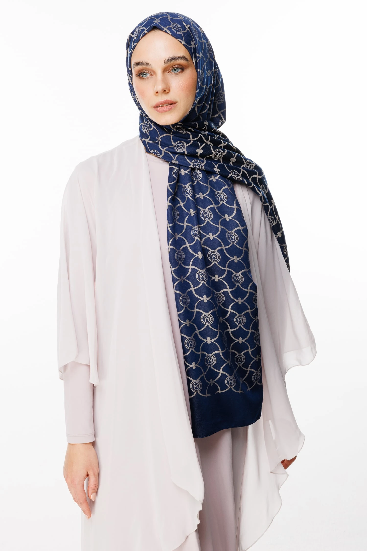 Toptan Marrakech Desen Çift Taraflı Şal - Lacivert-Bej