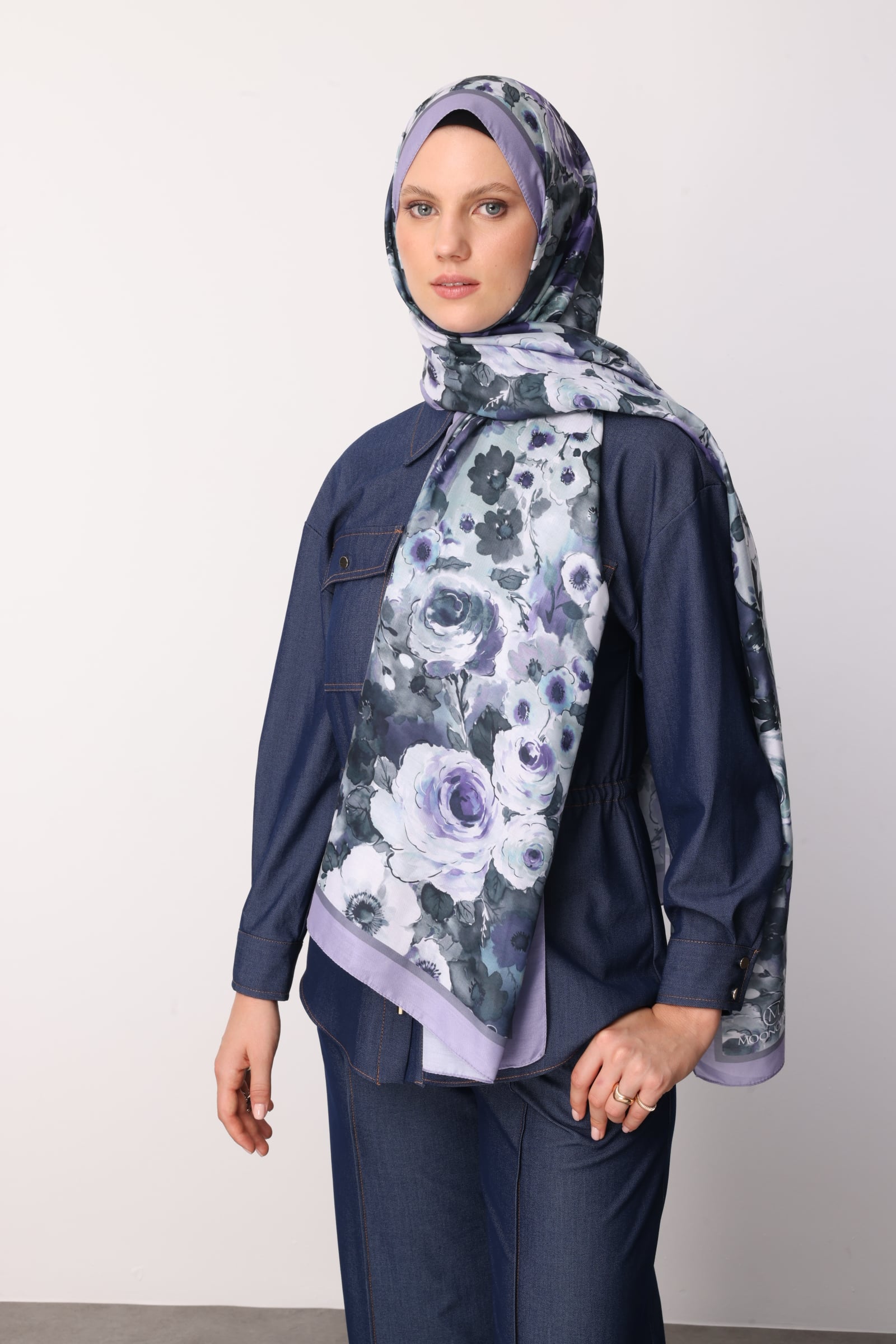 Toptan Vensel Desen Pamuk Şal - Mavi