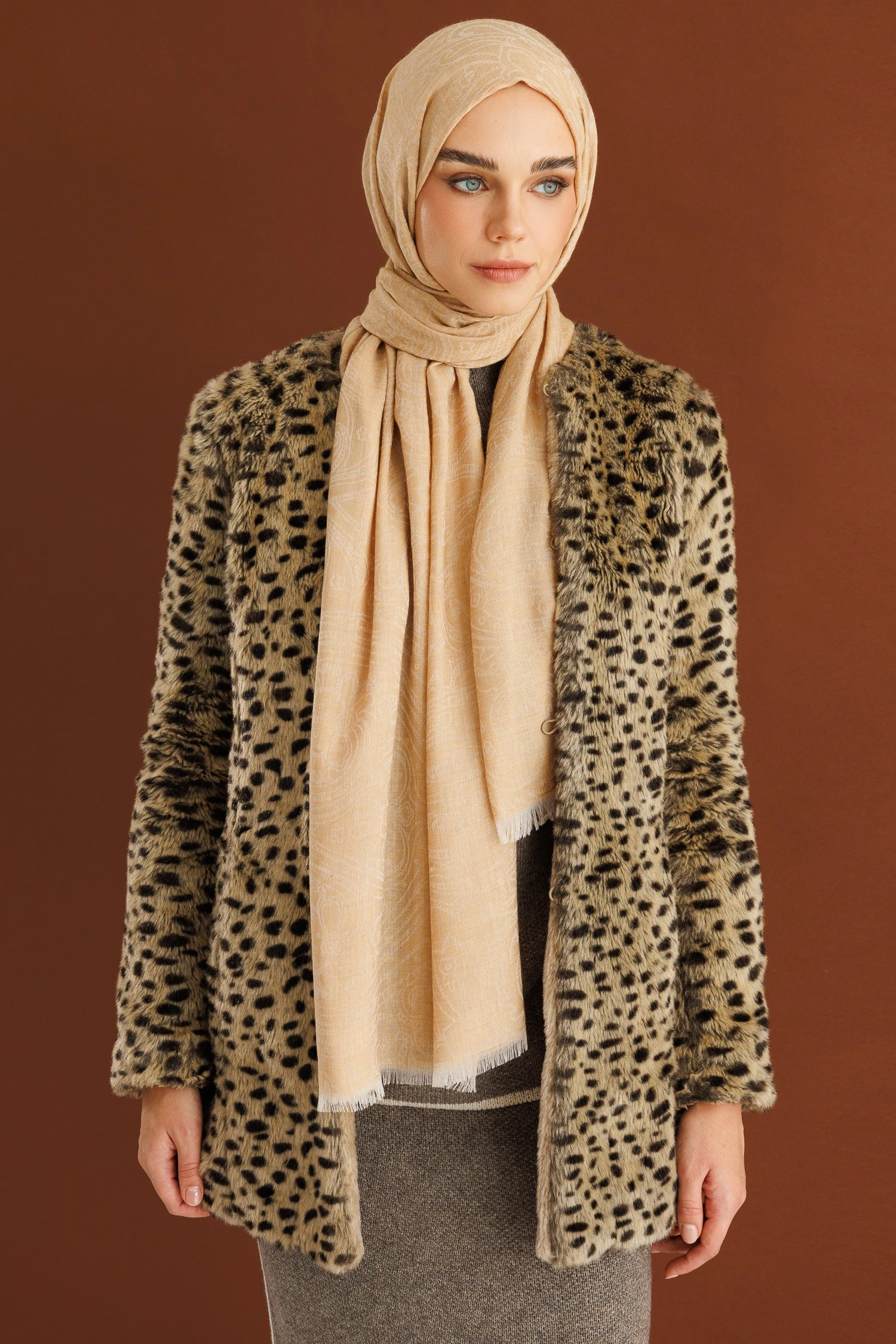 Toptan Rumi Desen Yün Kaşmir Şal - Hardal