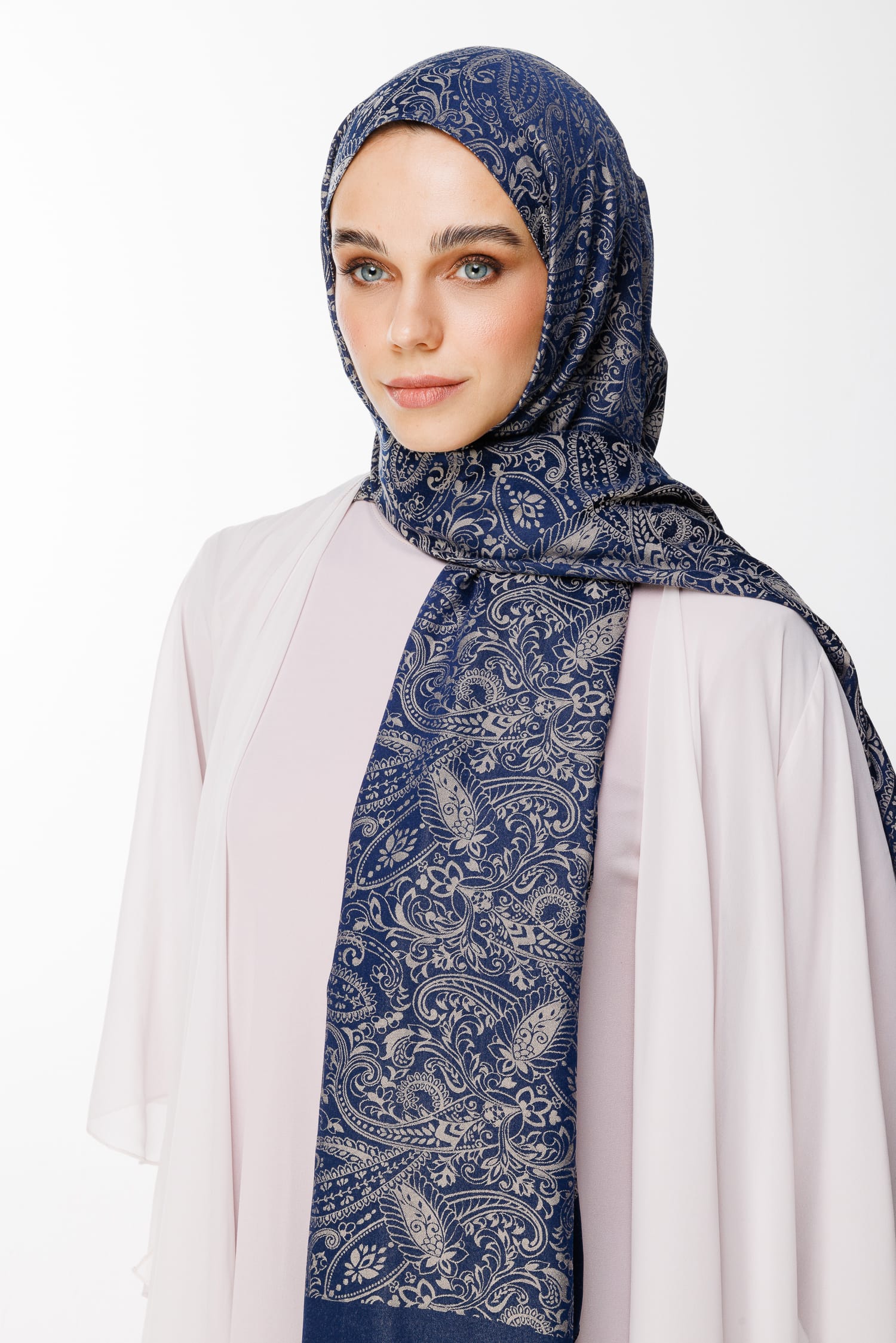 Velora-Pattern Reversible Shawl - Navy Blue-Beige