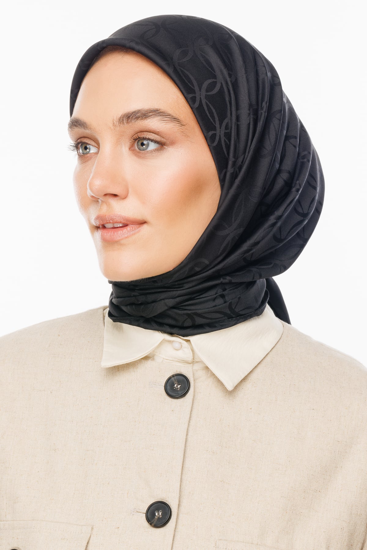 Toptan London Desen İpeksi Jakar Eşarp - Siyah