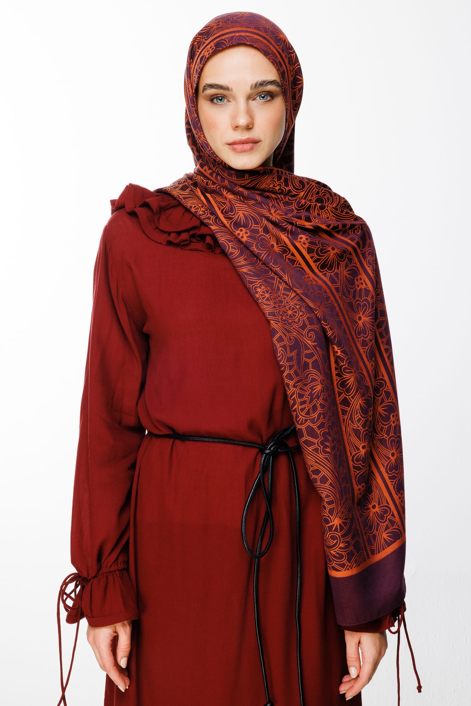 Lavin-Pattern Reversible Shawl - Purple-Orange