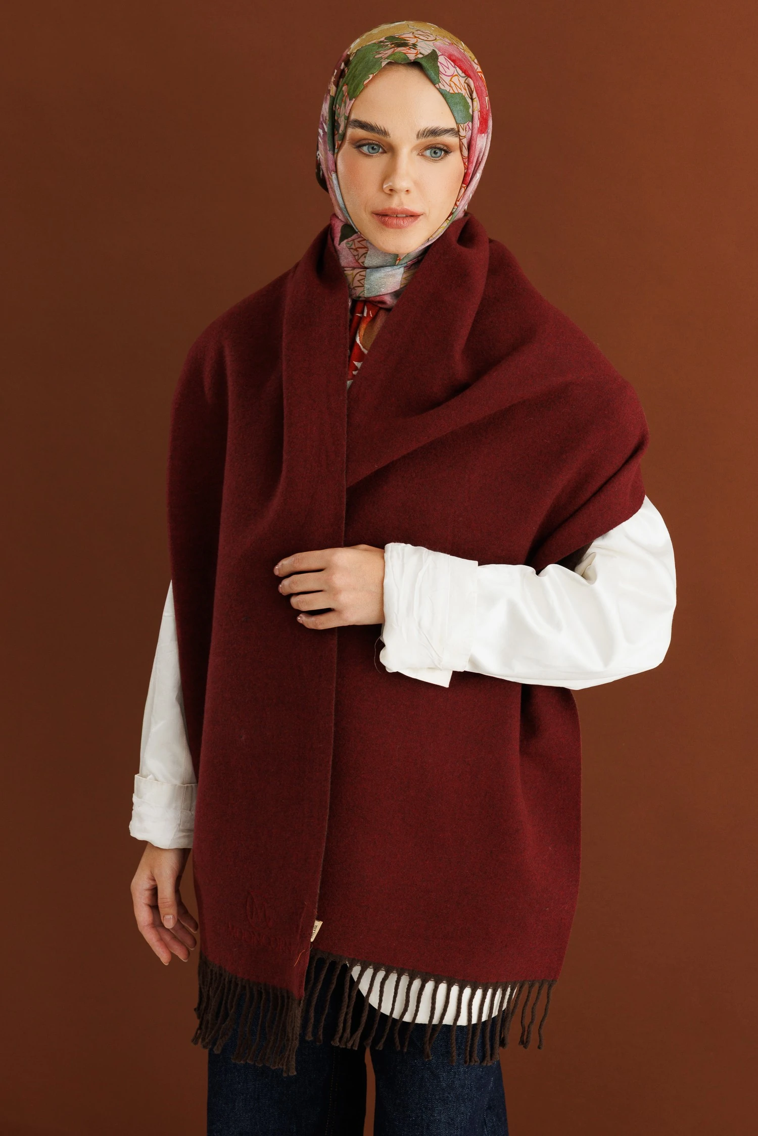 Toptan Çift Taraflı Yün Atkı - Acı Kahve Bordo