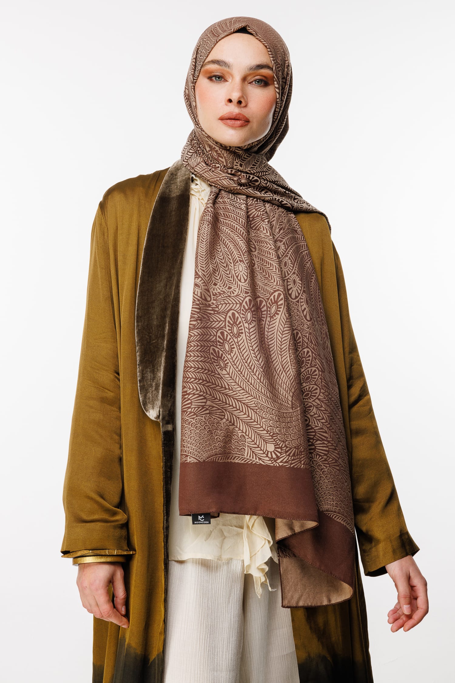 Toptan Mayra Desen Çift Taraflı Şal - Acı Kahve-Bej