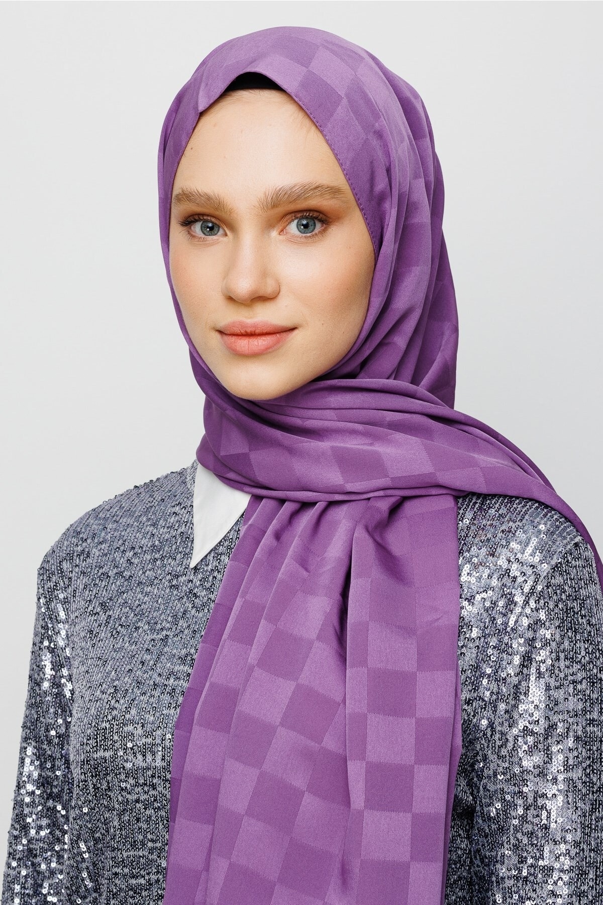 Checkers Pattern Silk Jacquard Shawl - Lavender