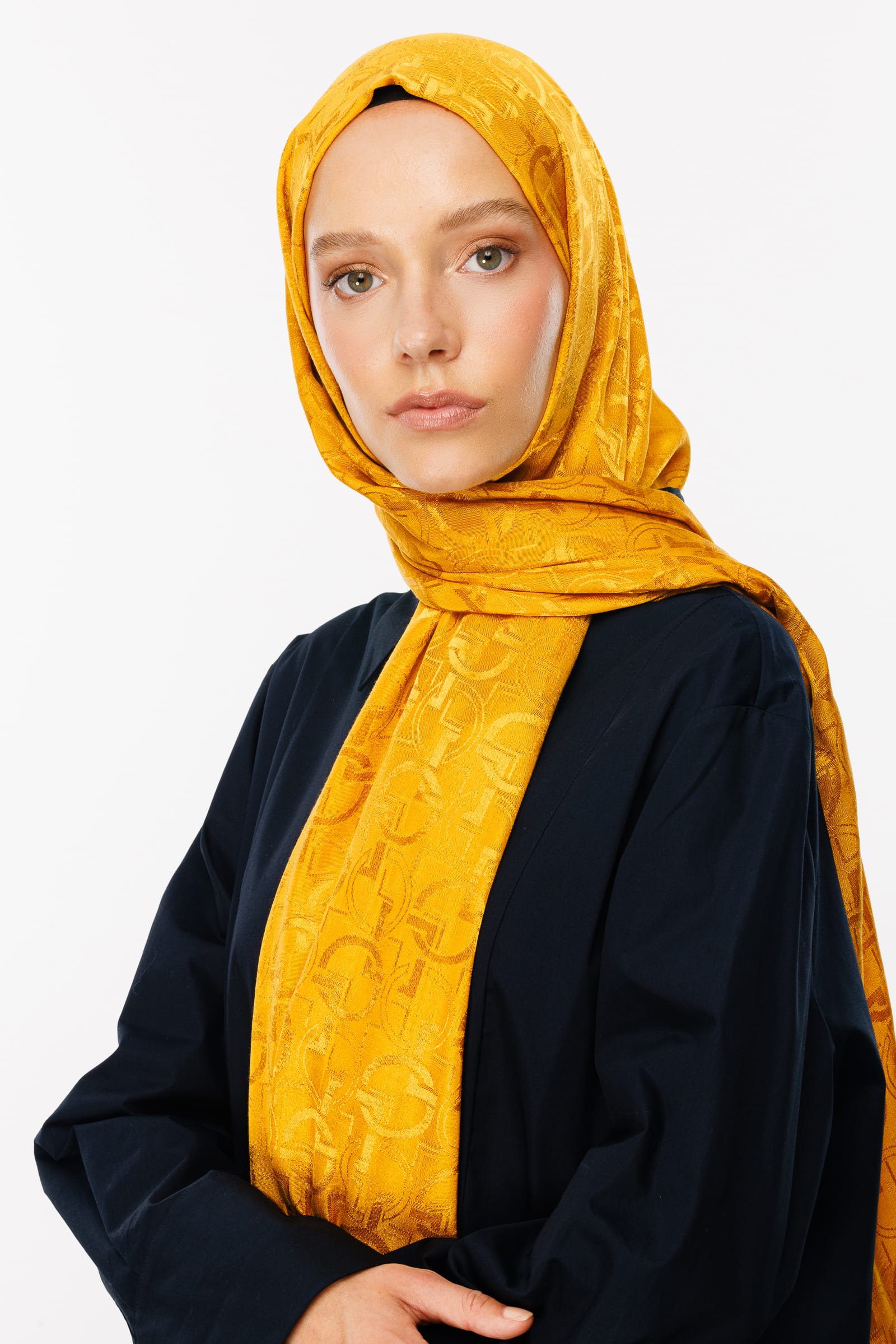 Toptan Longar Desen Parlak Jakar Şal - Safran