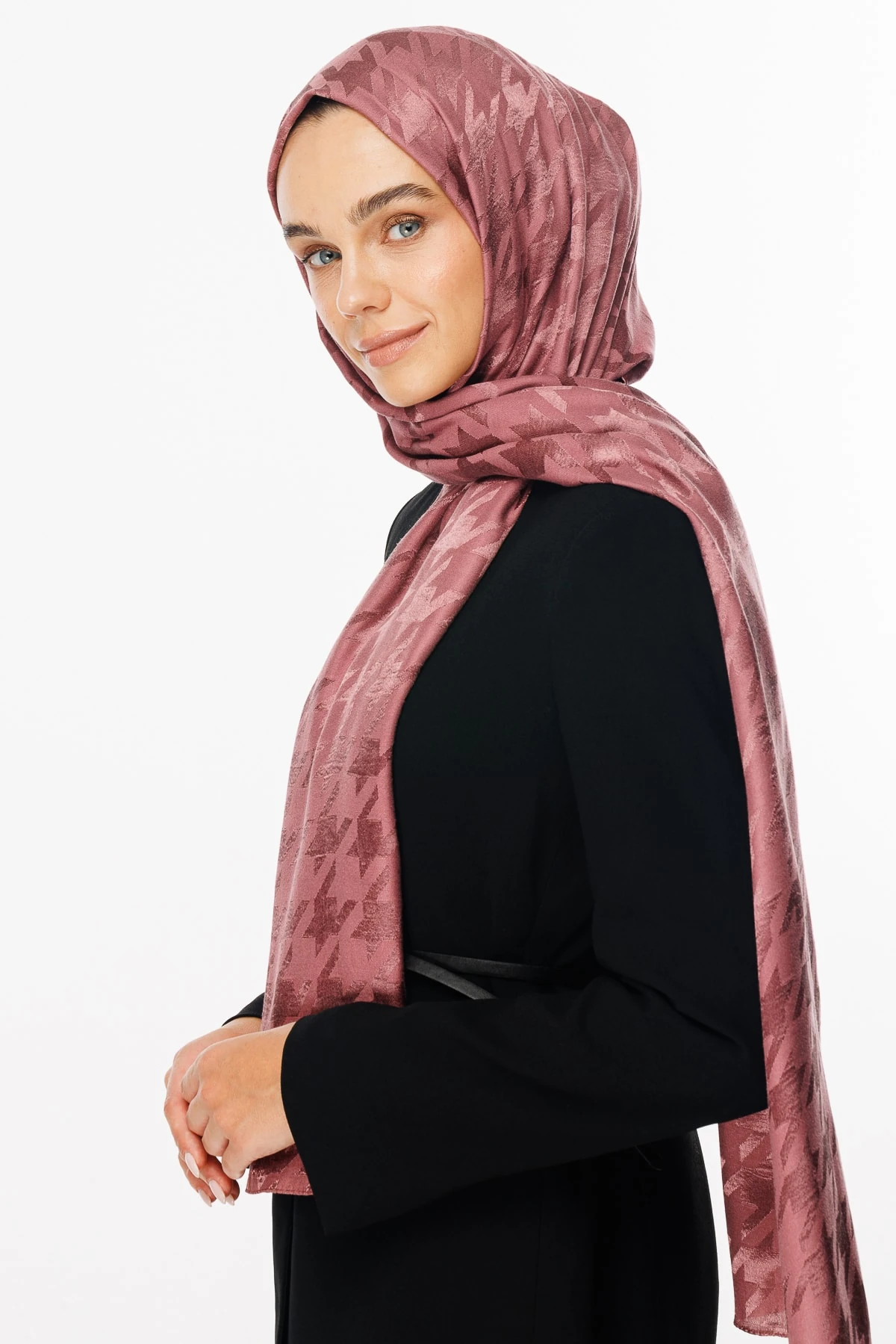 Wholesale Houndstooth Pattern Shiny Jacquard Shawl - Dried Rose