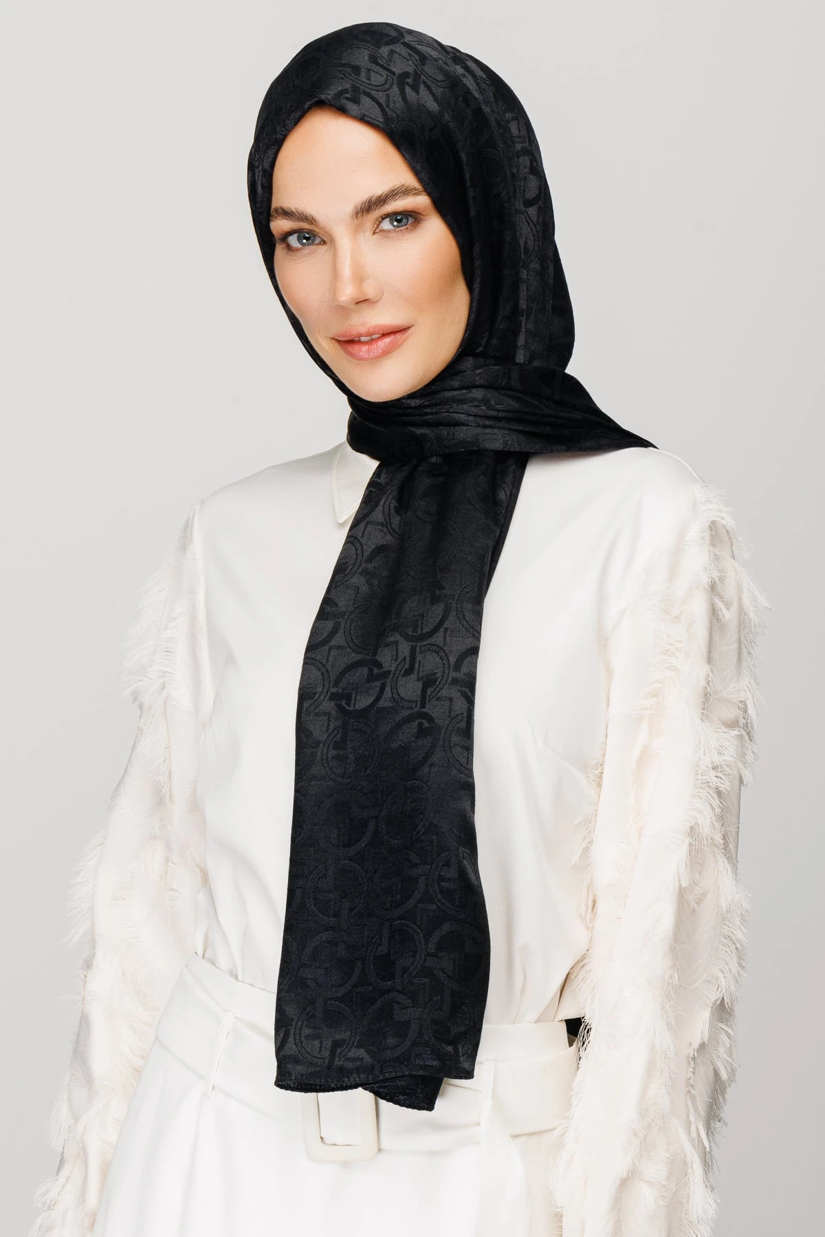 Toptan Longar Desen Parlak Jakar Şal - Siyah