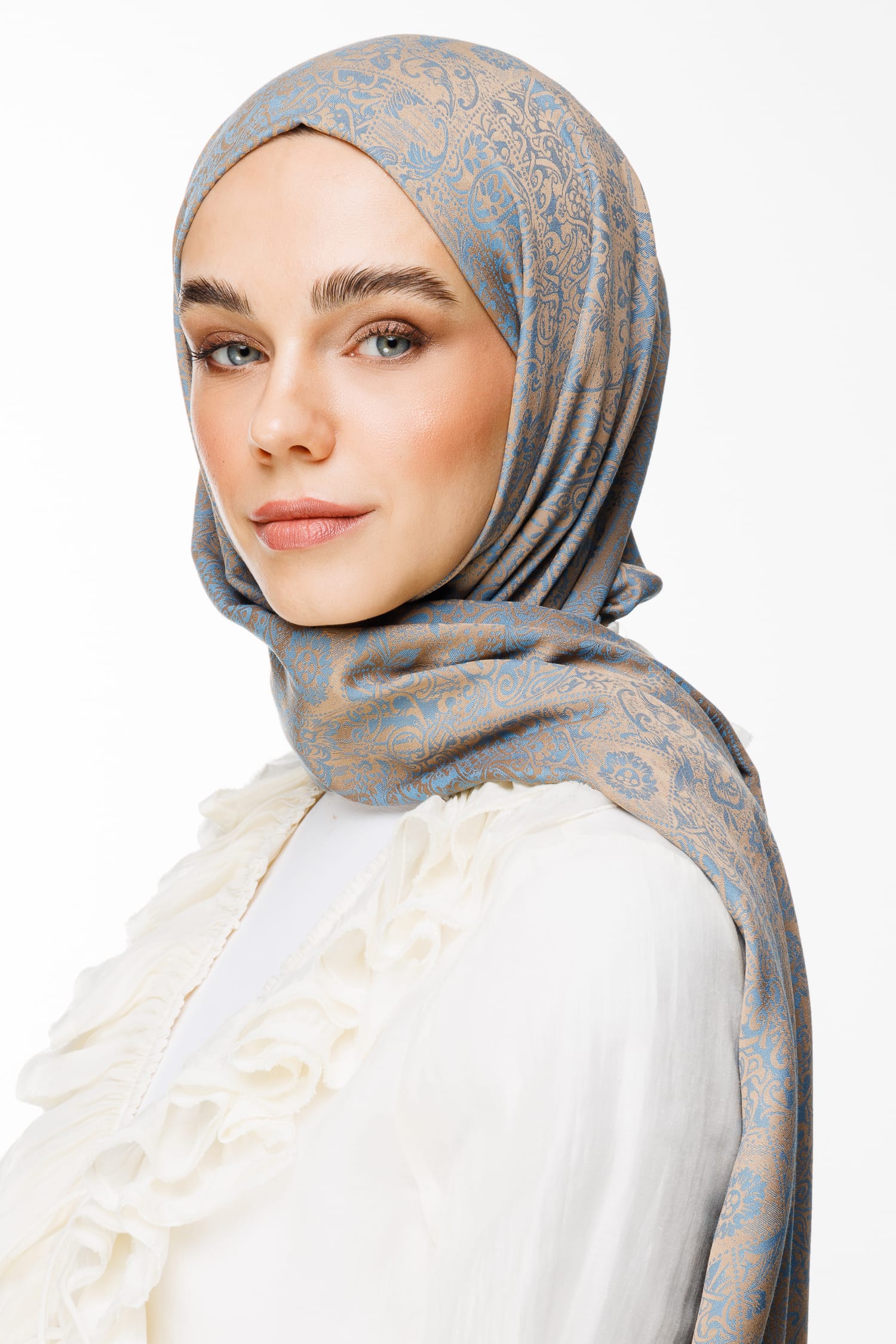 Toptan Henna Desen Çift Taraflı Şal - Vizon-Turkuaz