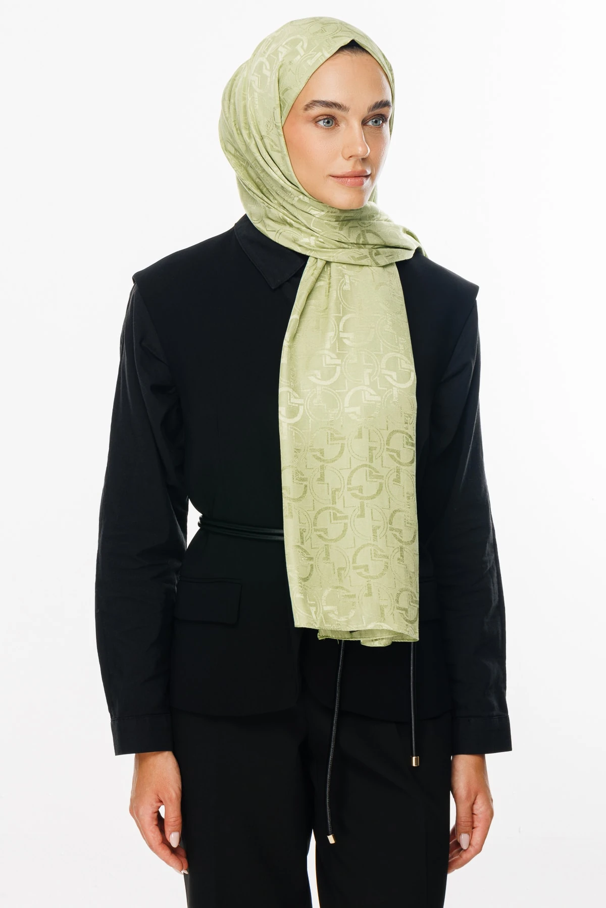 Toptan Longar Desen Parlak Jakar Şal - Fıstık Yeşili